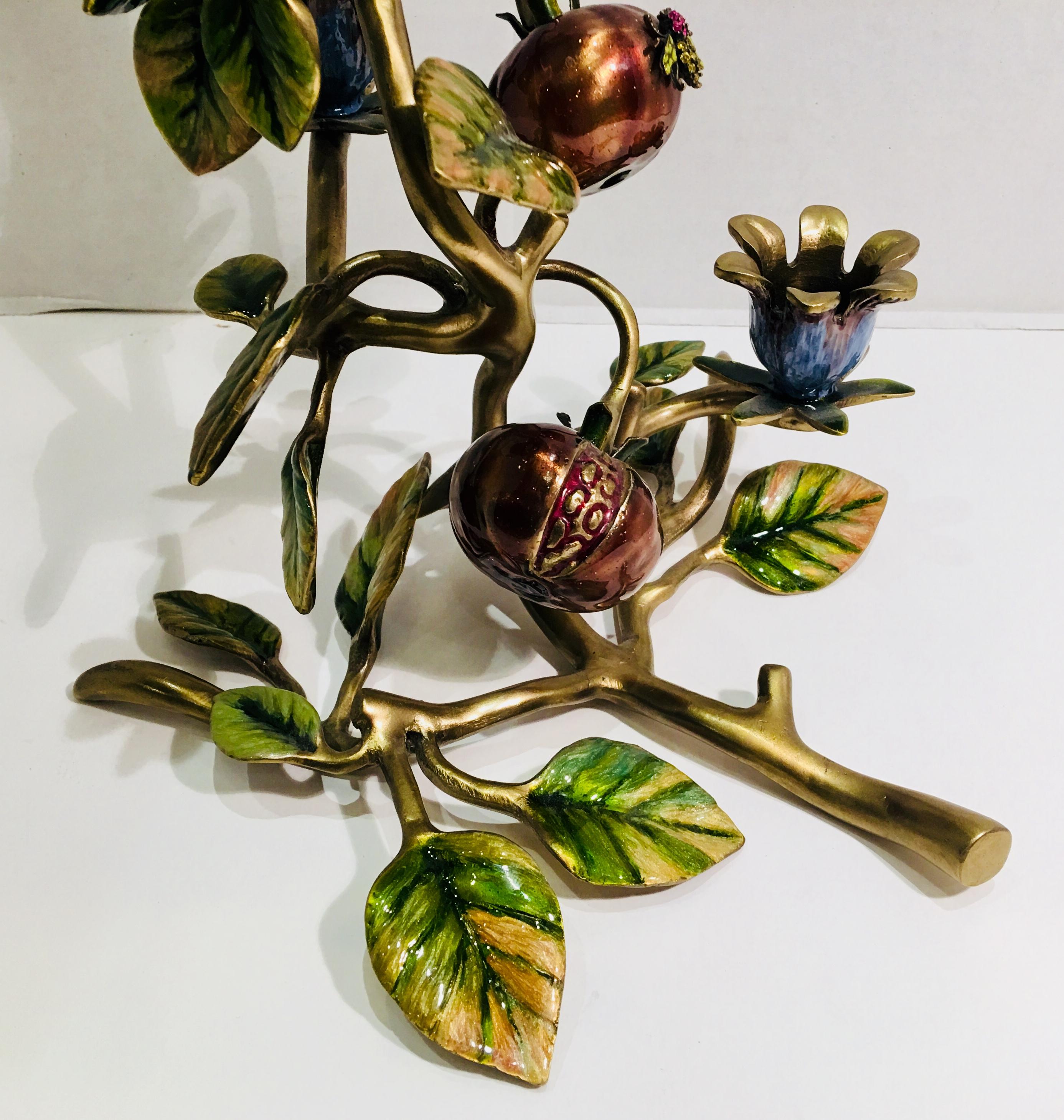 Elegant Jay Strongwater Polychrome Enamel Candelabra with Pomegranate and Flora For Sale 1
