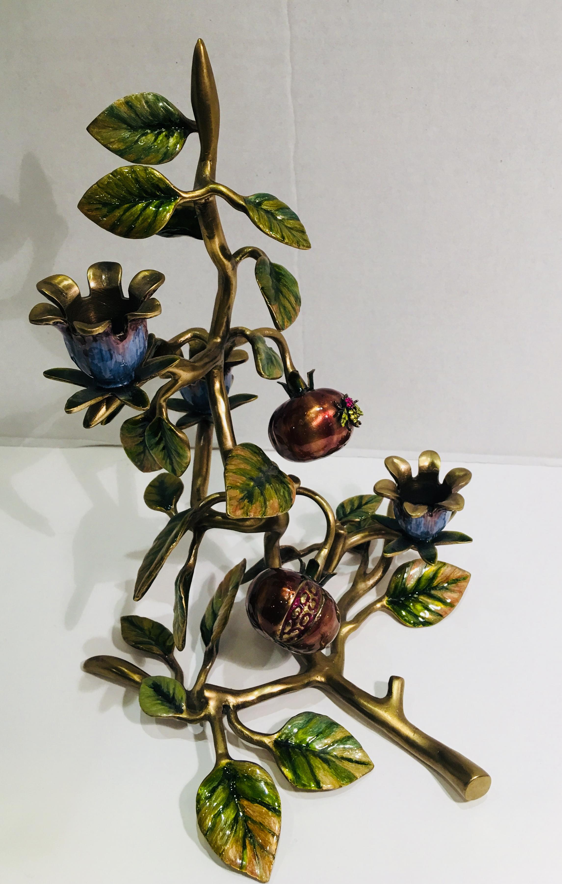 Elegant Jay Strongwater Polychrome Enamel Candelabra with Pomegranate and Flora For Sale 2
