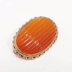 Antique Carved Natural Carnelian Handmade Brooch in Open Back Gilt Brass