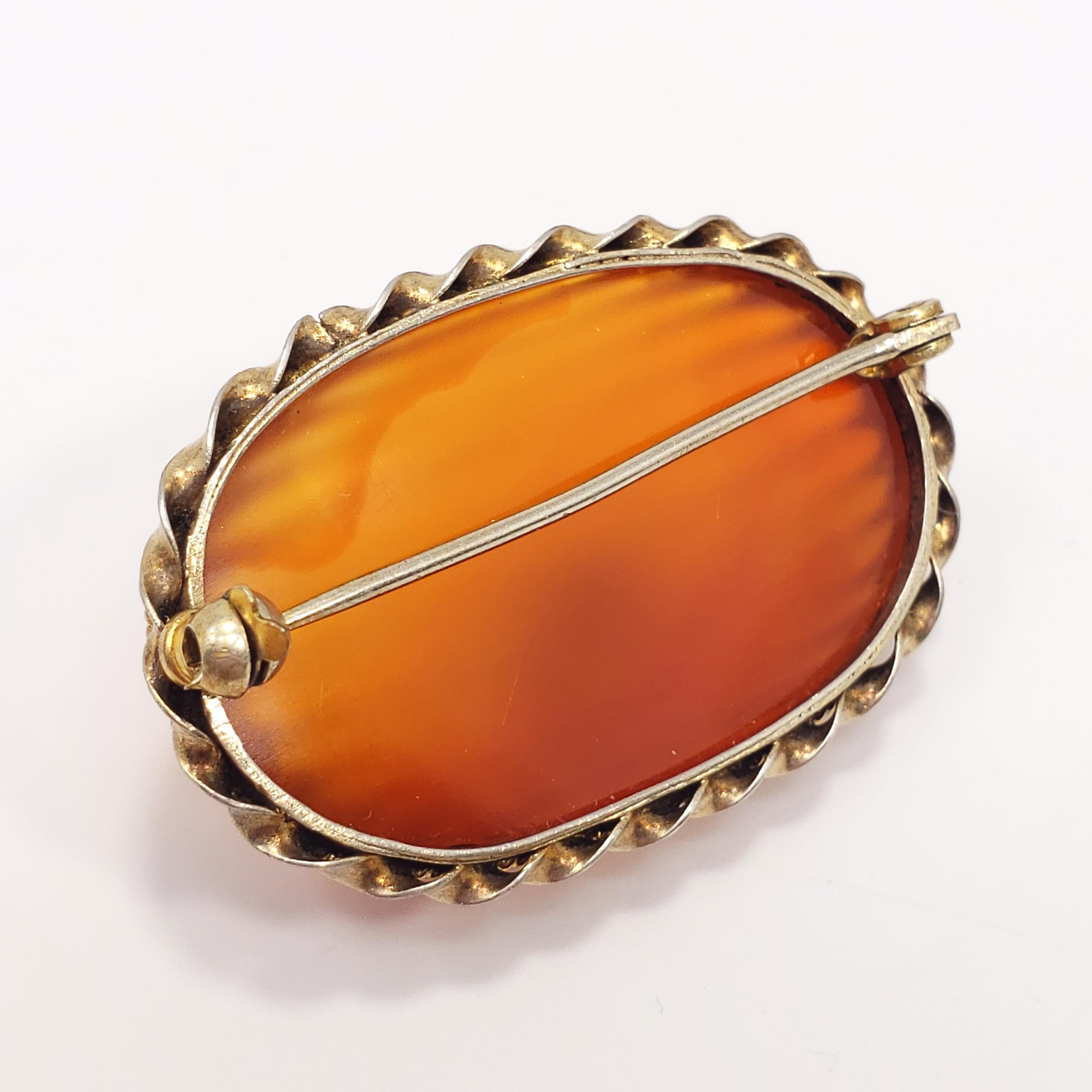 Victorian Antique Carved Natural Carnelian Handmade Brooch in Open Back Gilt Brass For Sale