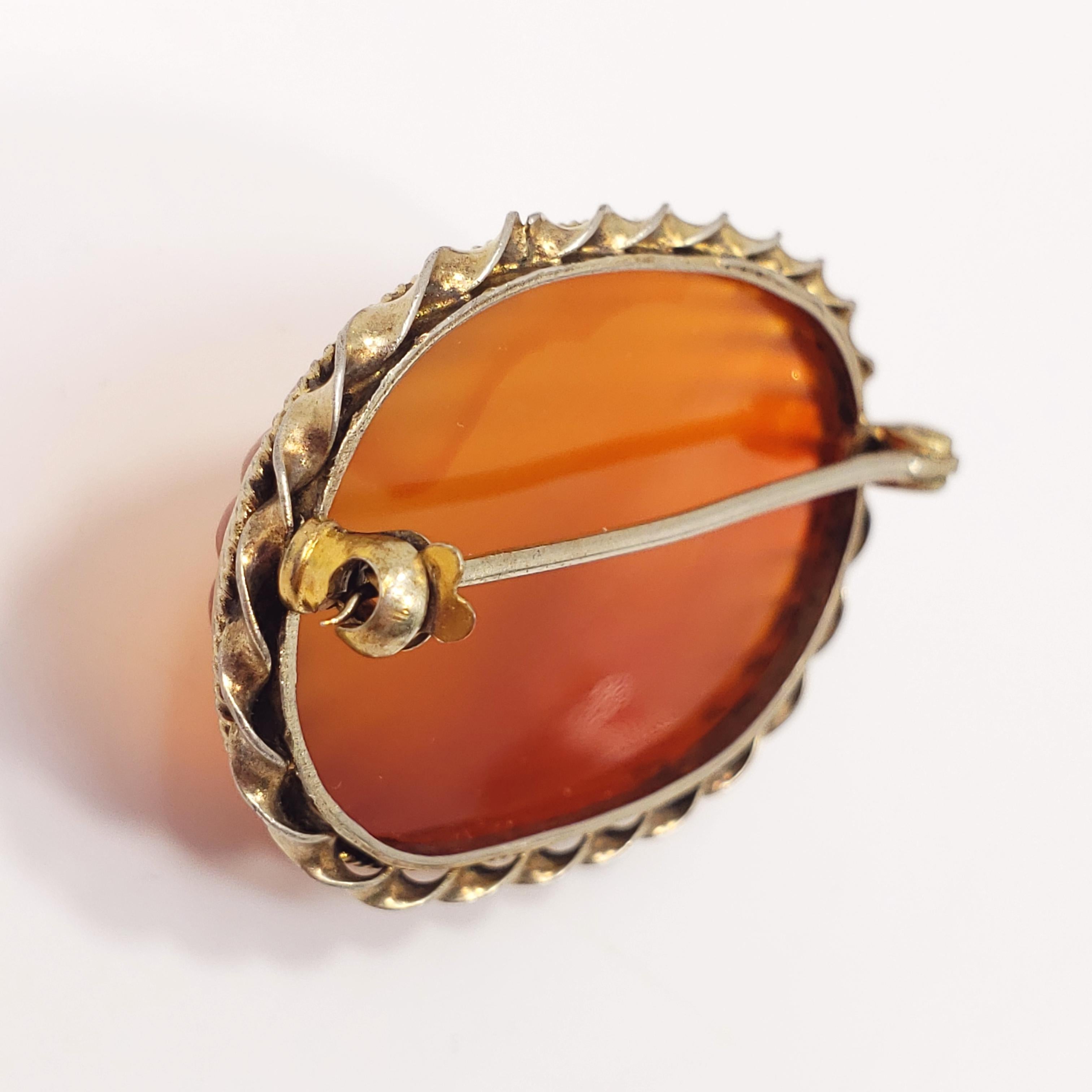 Oval Cut Antique Carved Natural Carnelian Handmade Brooch in Open Back Gilt Brass For Sale