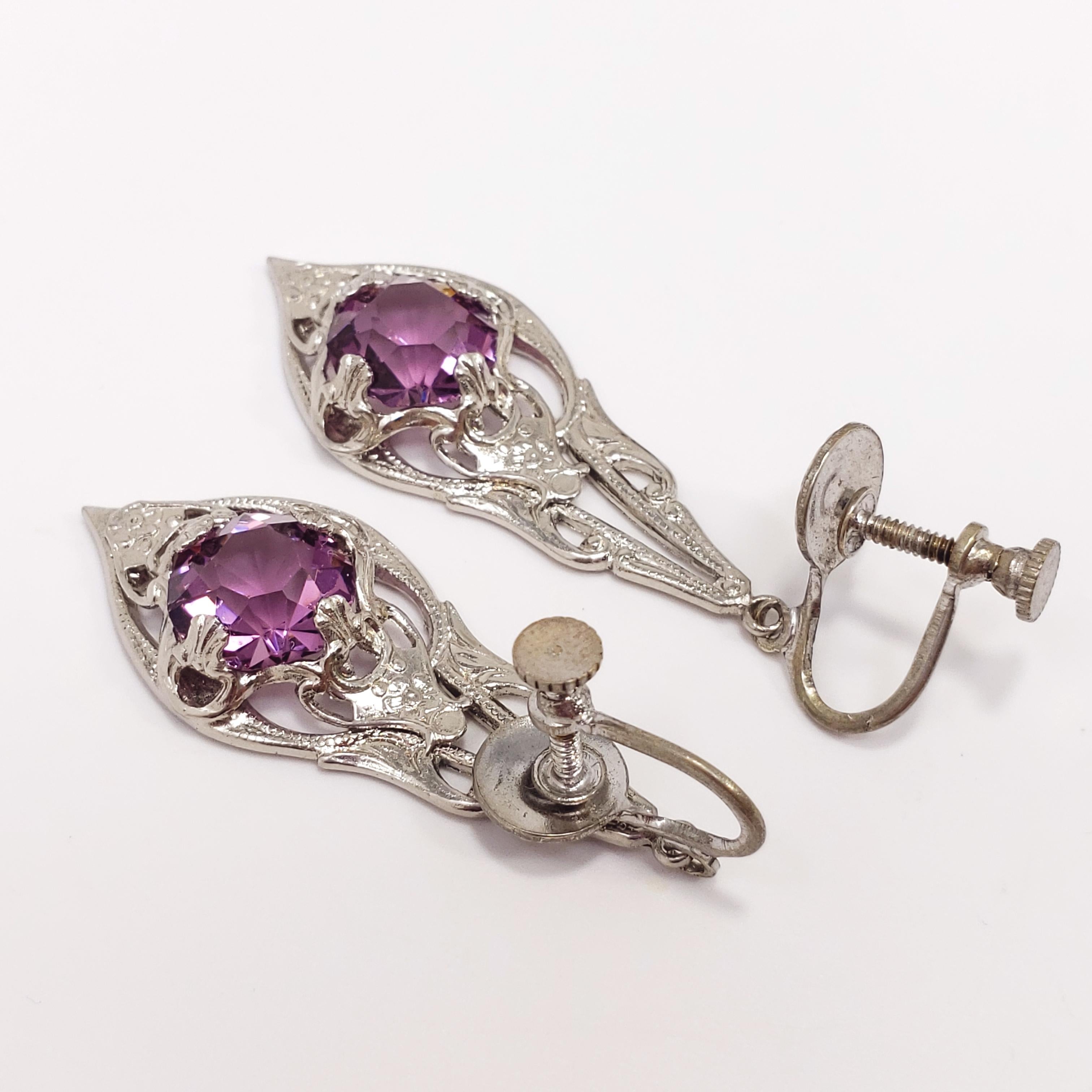 Women's Antique Victorian Art Nouveau Silver Plated Crystal Dangling Screwback Earrings