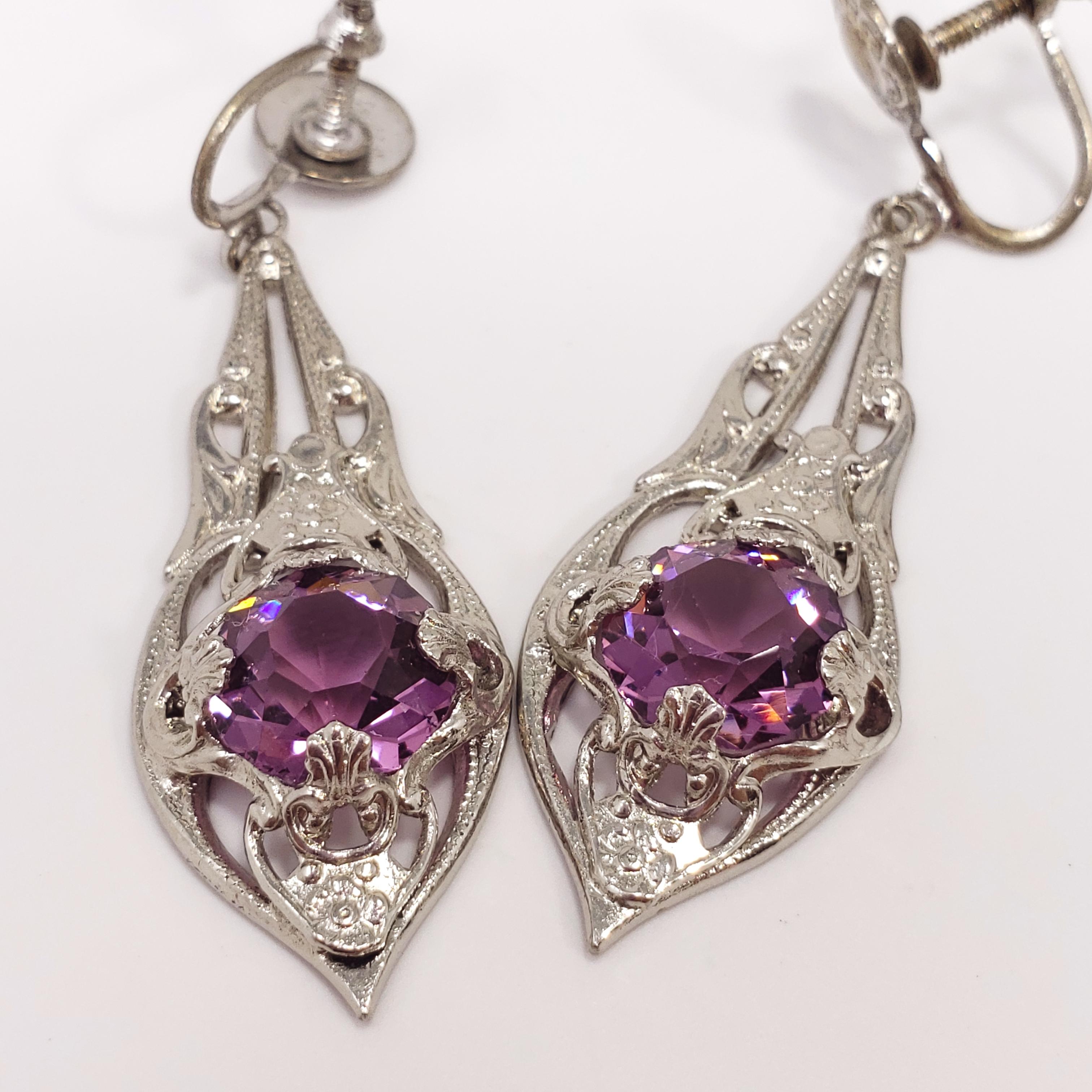 Antique Victorian Art Nouveau Silver Plated Crystal Dangling Screwback Earrings In Excellent Condition In Milford, DE