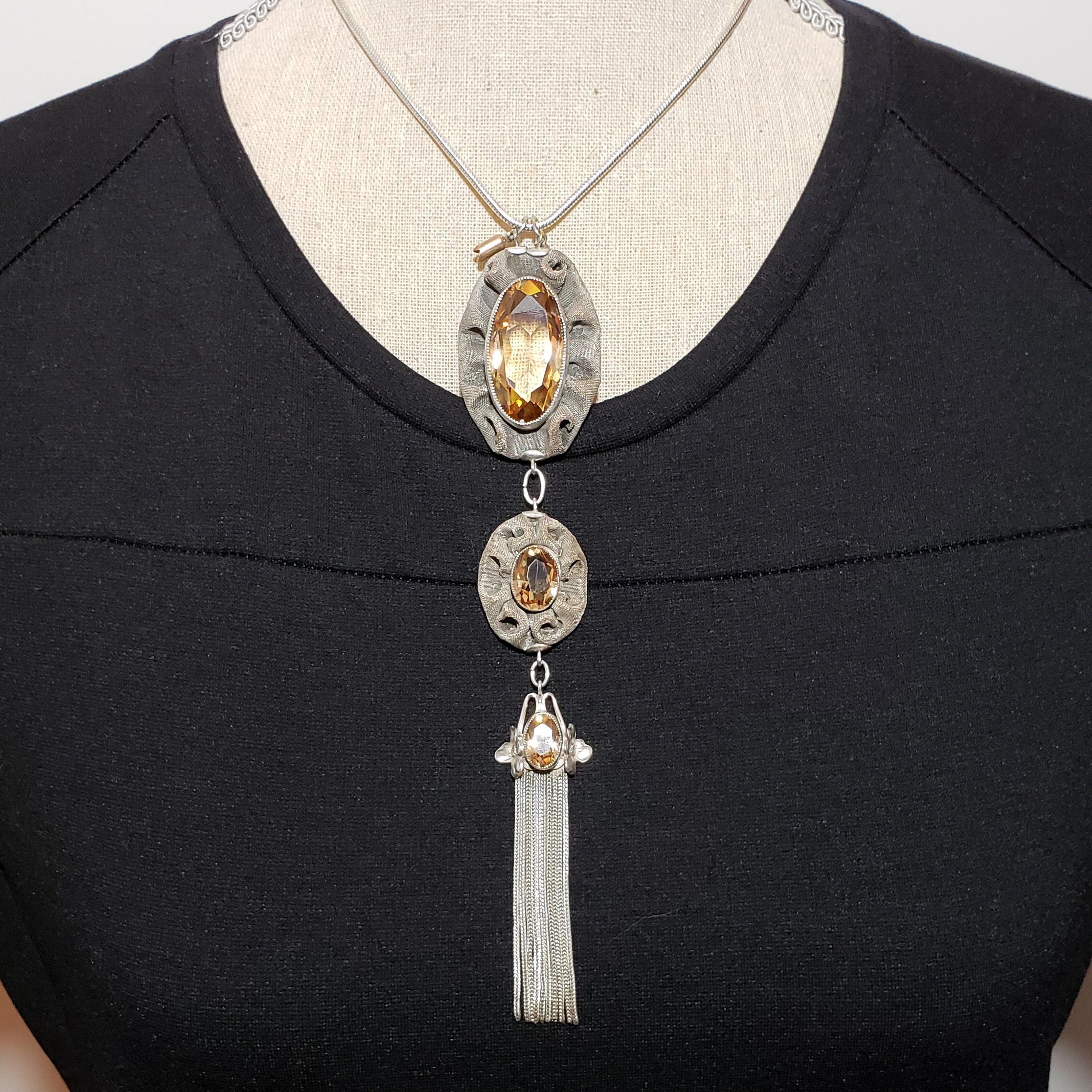 Oval Cut Antique Victorian Triple Drop & Tassel Pendant Necklace in Mesh Silver Setting For Sale