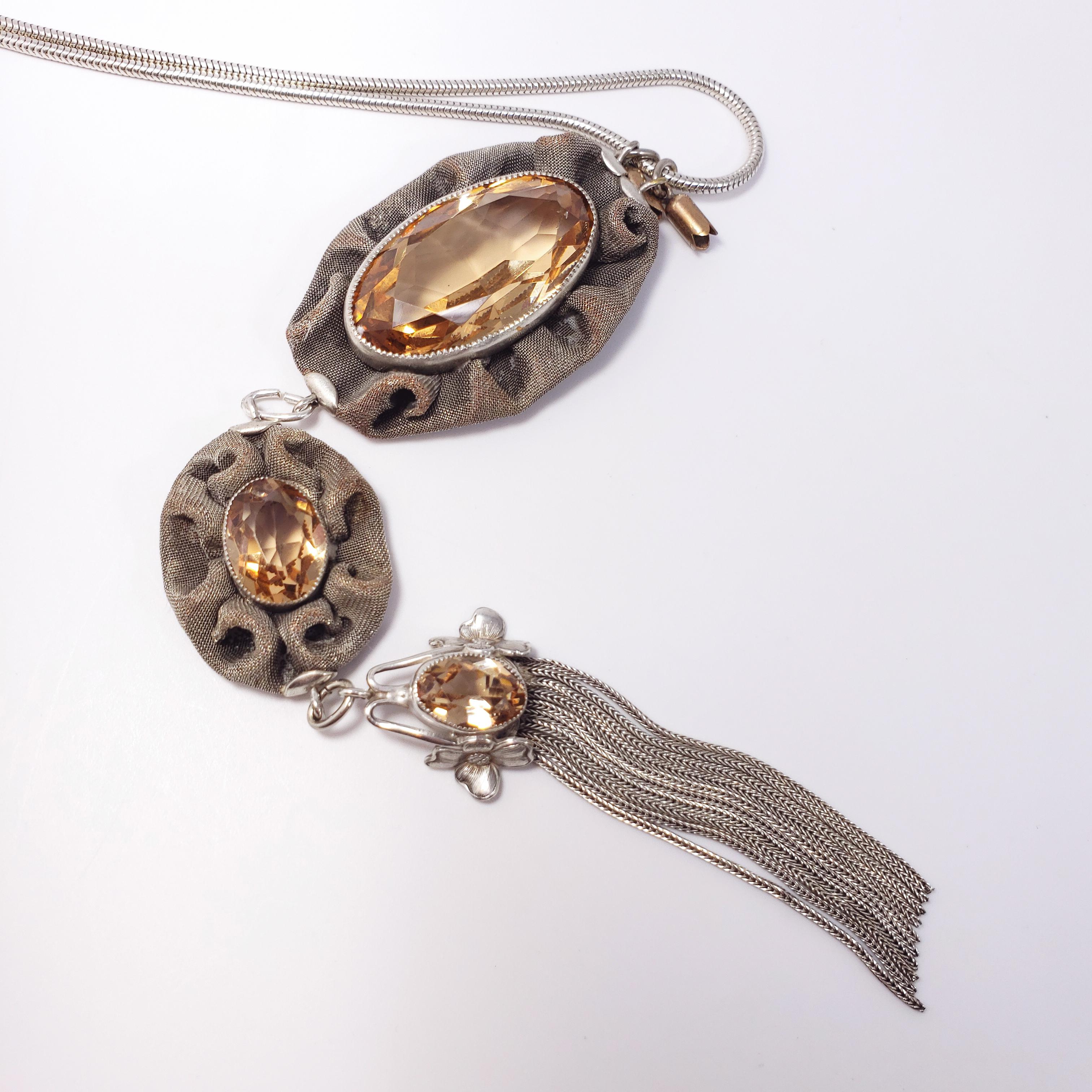 Antique Victorian Triple Drop & Tassel Pendant Necklace in Mesh Silver Setting For Sale 4