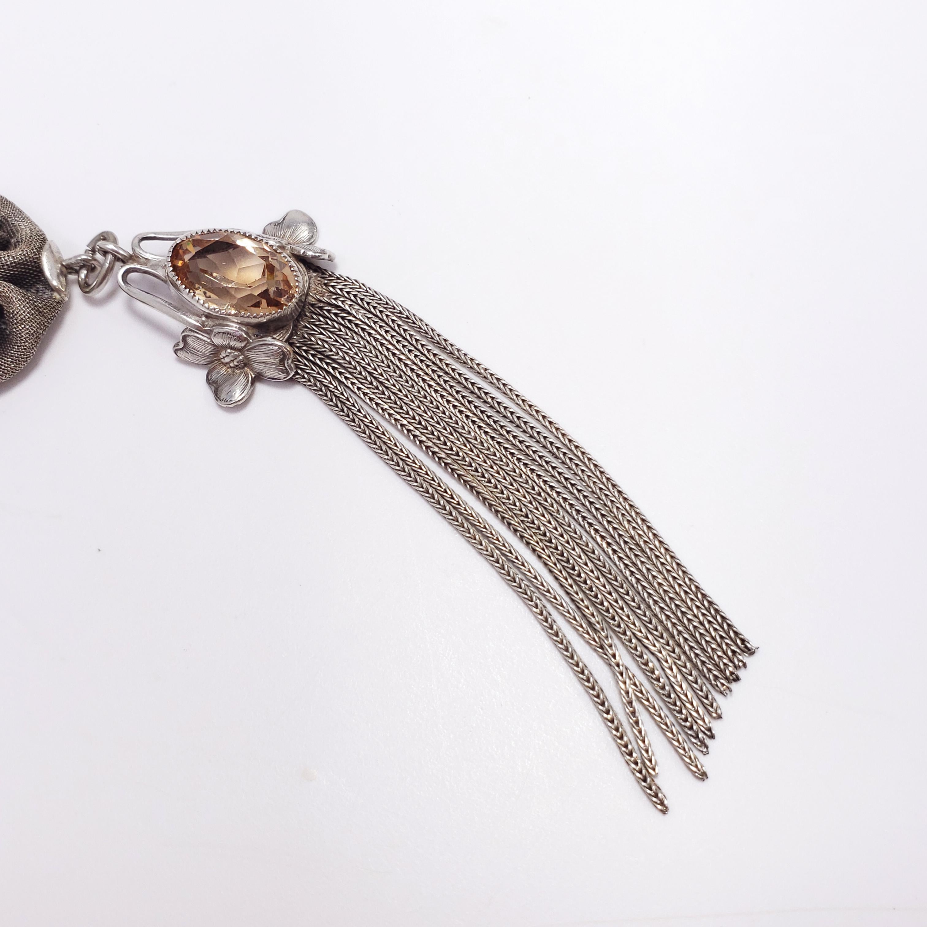Antique Victorian Triple Drop & Tassel Pendant Necklace in Mesh Silver Setting For Sale 3