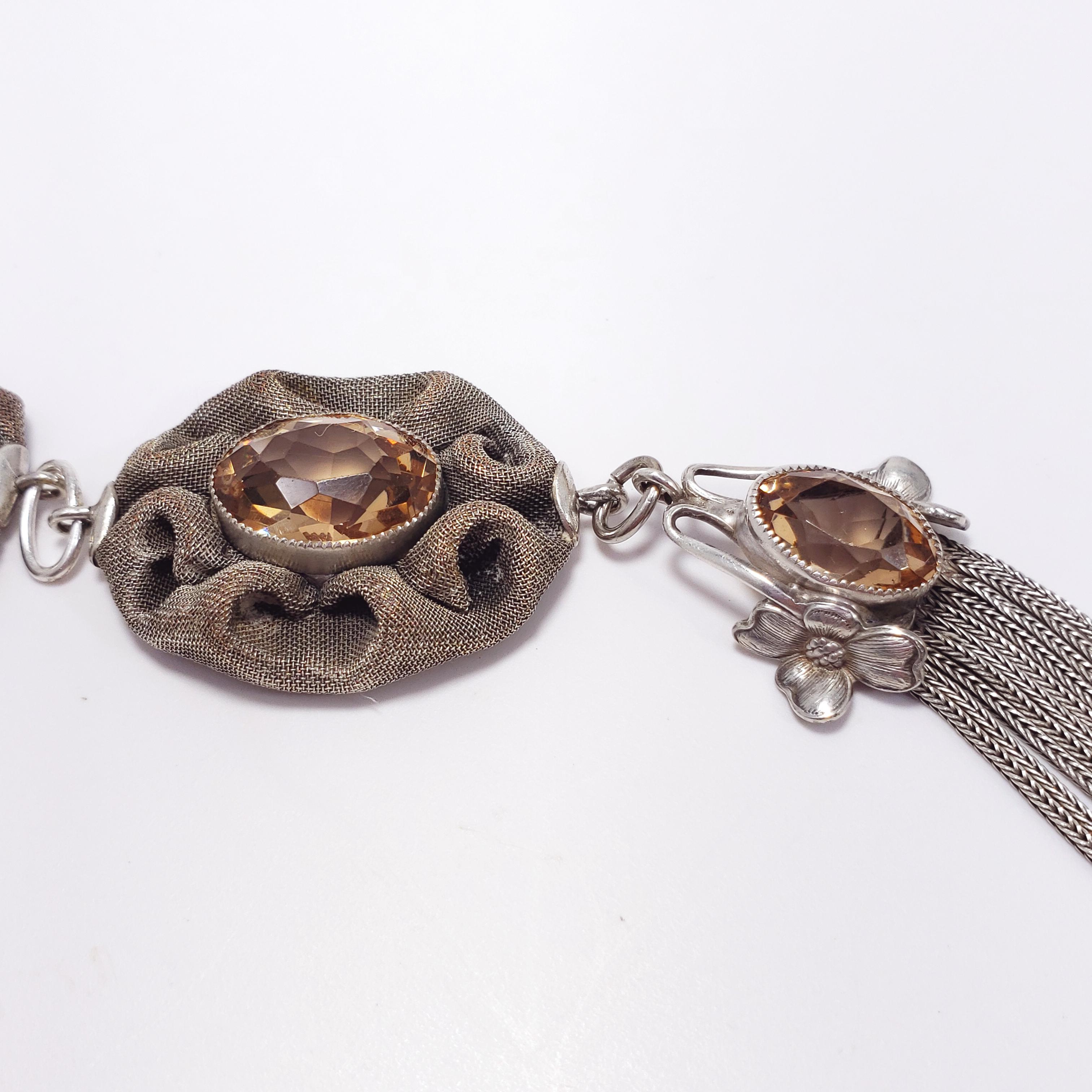 Antique Victorian Triple Drop & Tassel Pendant Necklace in Mesh Silver Setting For Sale 2