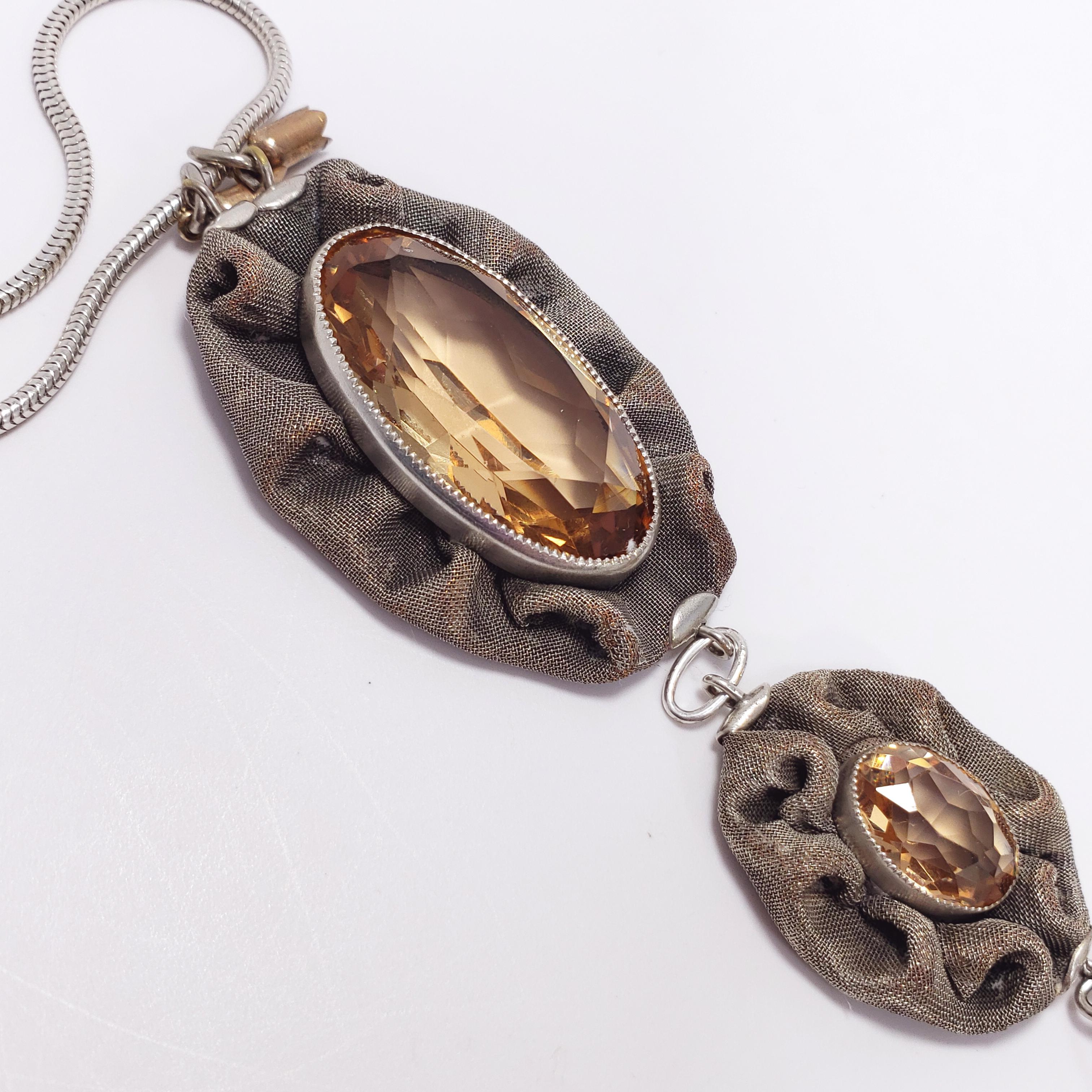 Antique Victorian Triple Drop & Tassel Pendant Necklace in Mesh Silver Setting For Sale 1