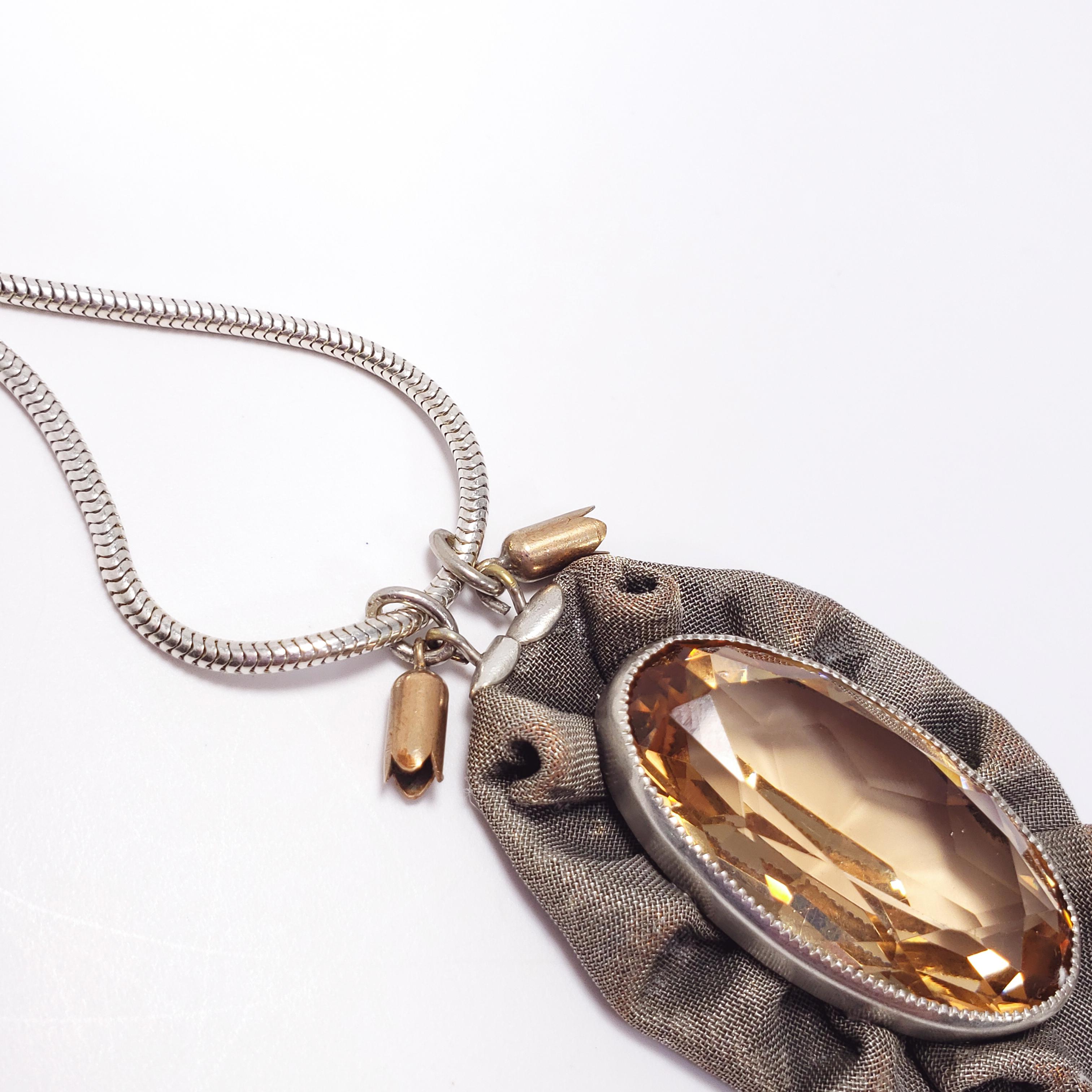 Women's Antique Victorian Triple Drop & Tassel Pendant Necklace in Mesh Silver Setting For Sale