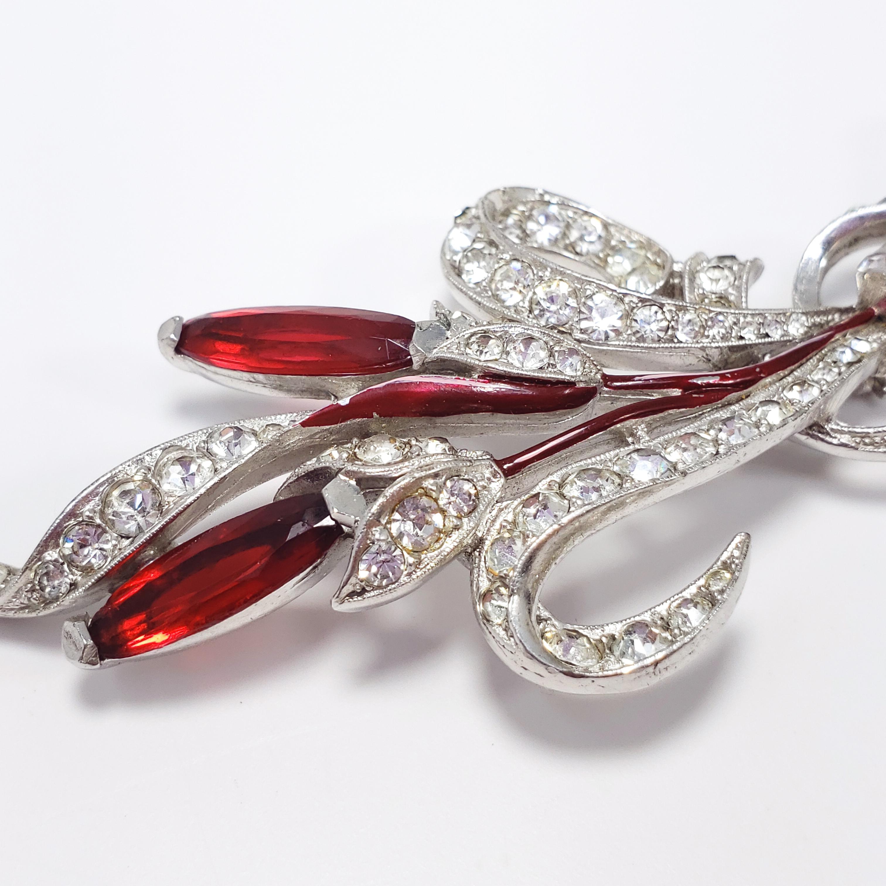 Women's Vintage Alfred Philippe Trifari Red & Clear Crystal Flower Brooch Rhodium Plated