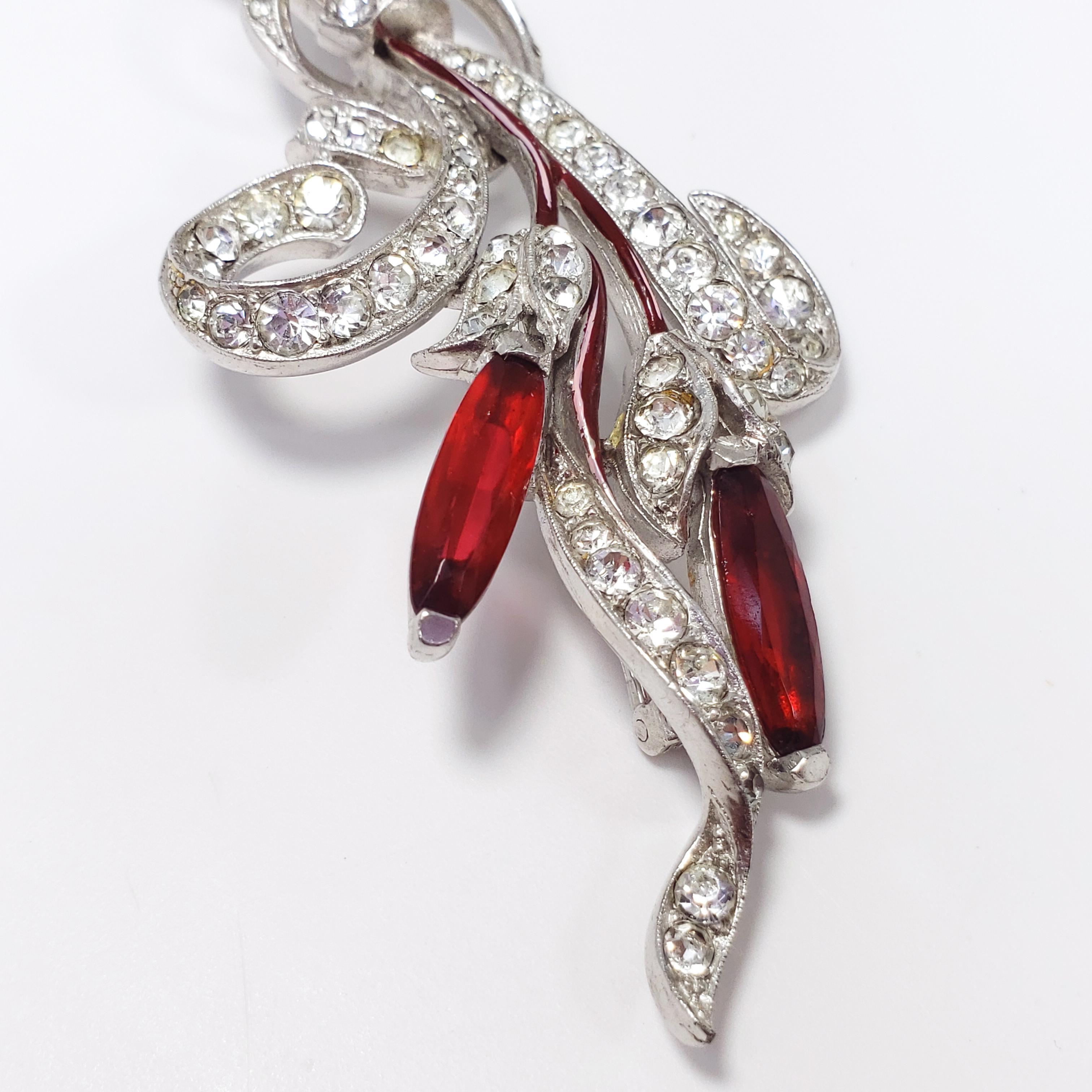Vintage Alfred Philippe Trifari Red & Clear Crystal Flower Brooch Rhodium Plated 1