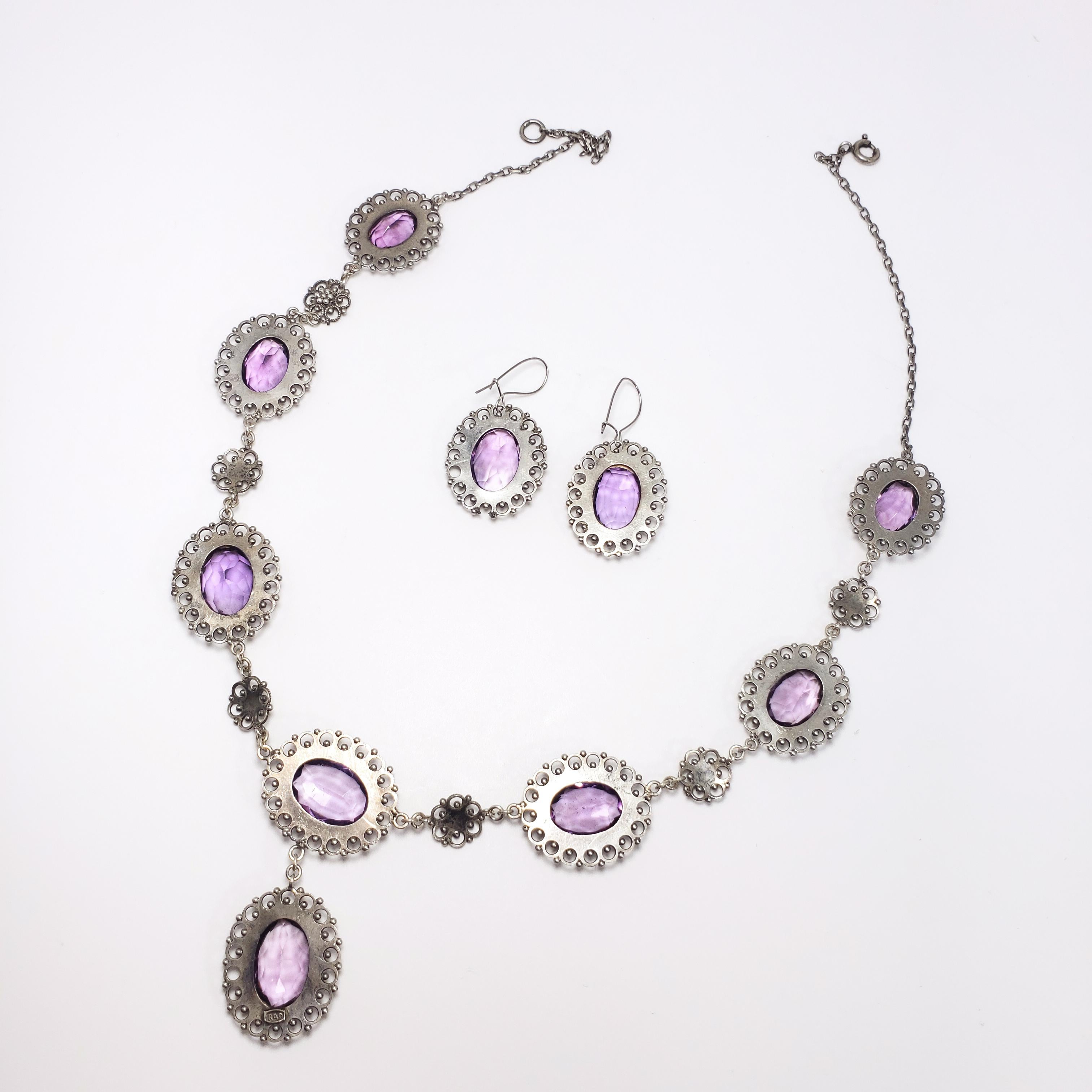 Antique Victorian Genuine Amethyst 800 Silver Demi Parure Earrings Necklace In Good Condition In Milford, DE