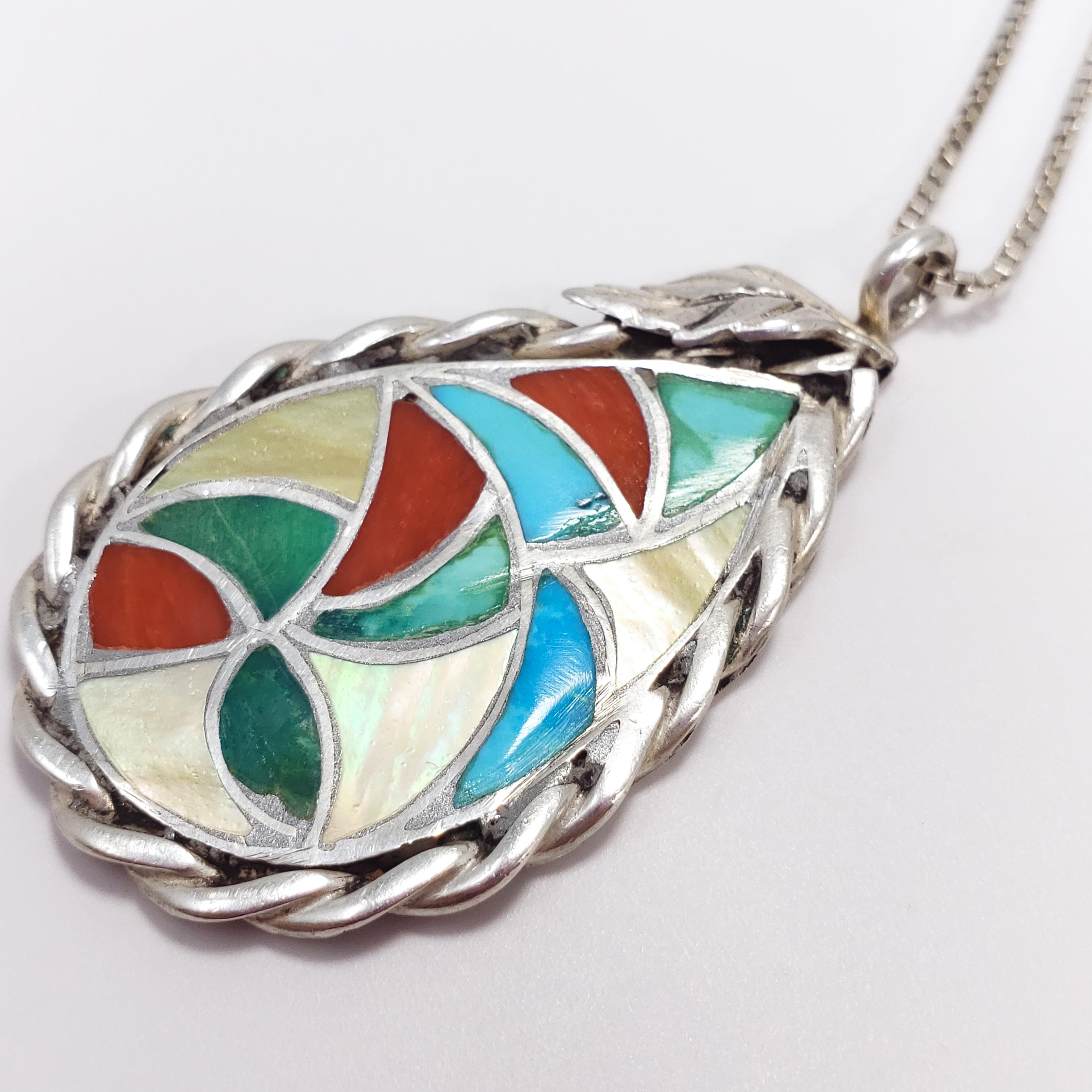 Women's or Men's Zuni Native American Pendant Necklace Coral & Turquoise Inlay in Sterling Silver