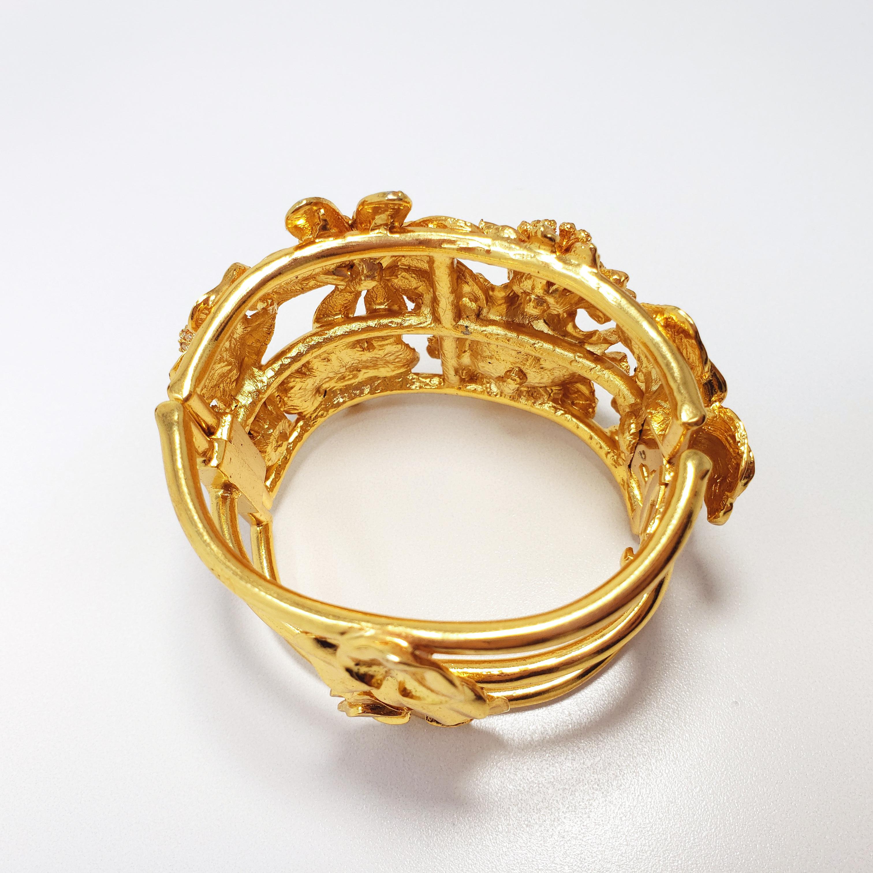 Oscar de la Renta Gold Bold Flower Statement Bracelet w Clear Crystals 2