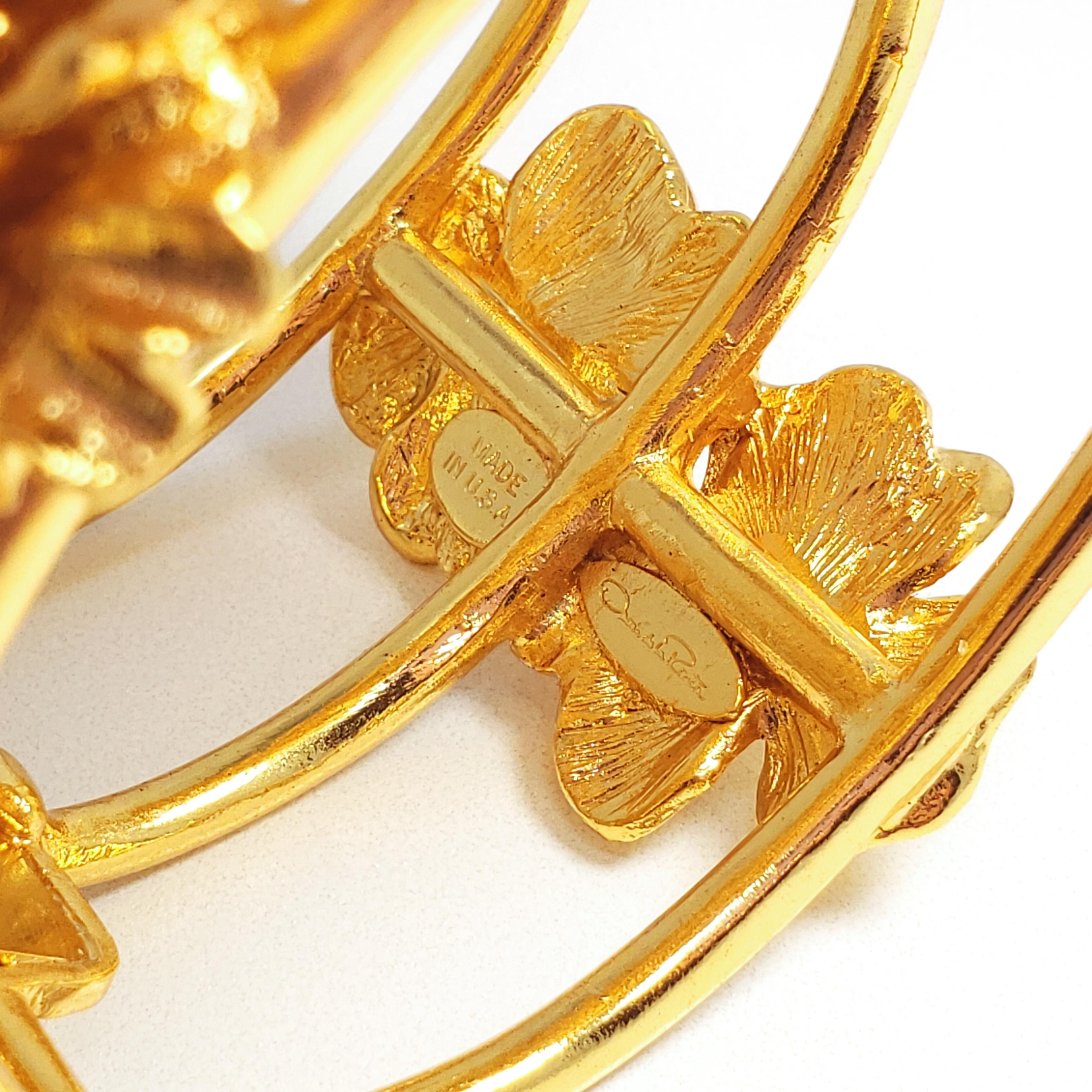 Oscar de la Renta Gold Bold Flower Statement Bracelet w Clear Crystals 2
