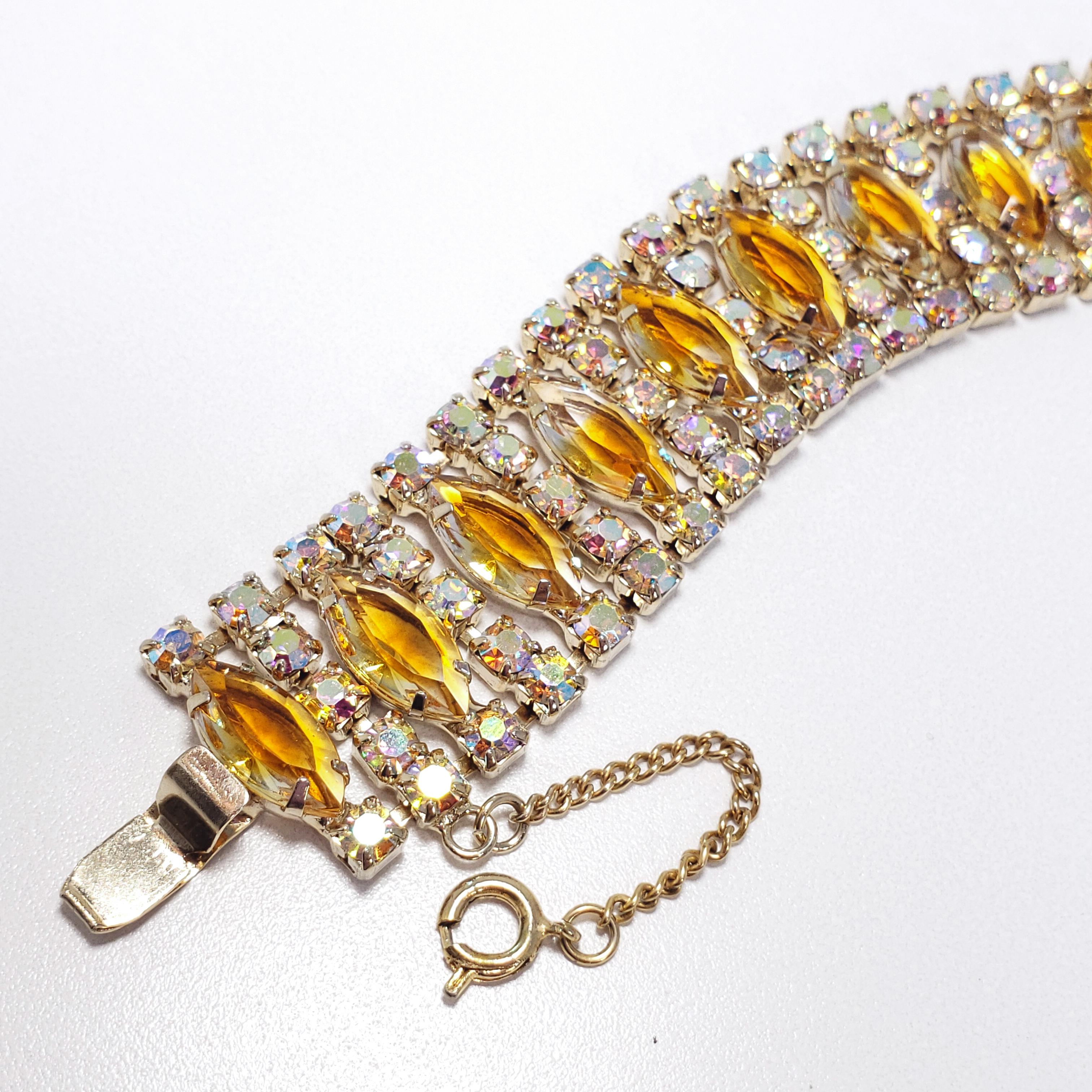 Vintage Demi Parure Aurora Borealis & Bernstein Kristalle Ohrringe Armband Halskette Damen im Angebot