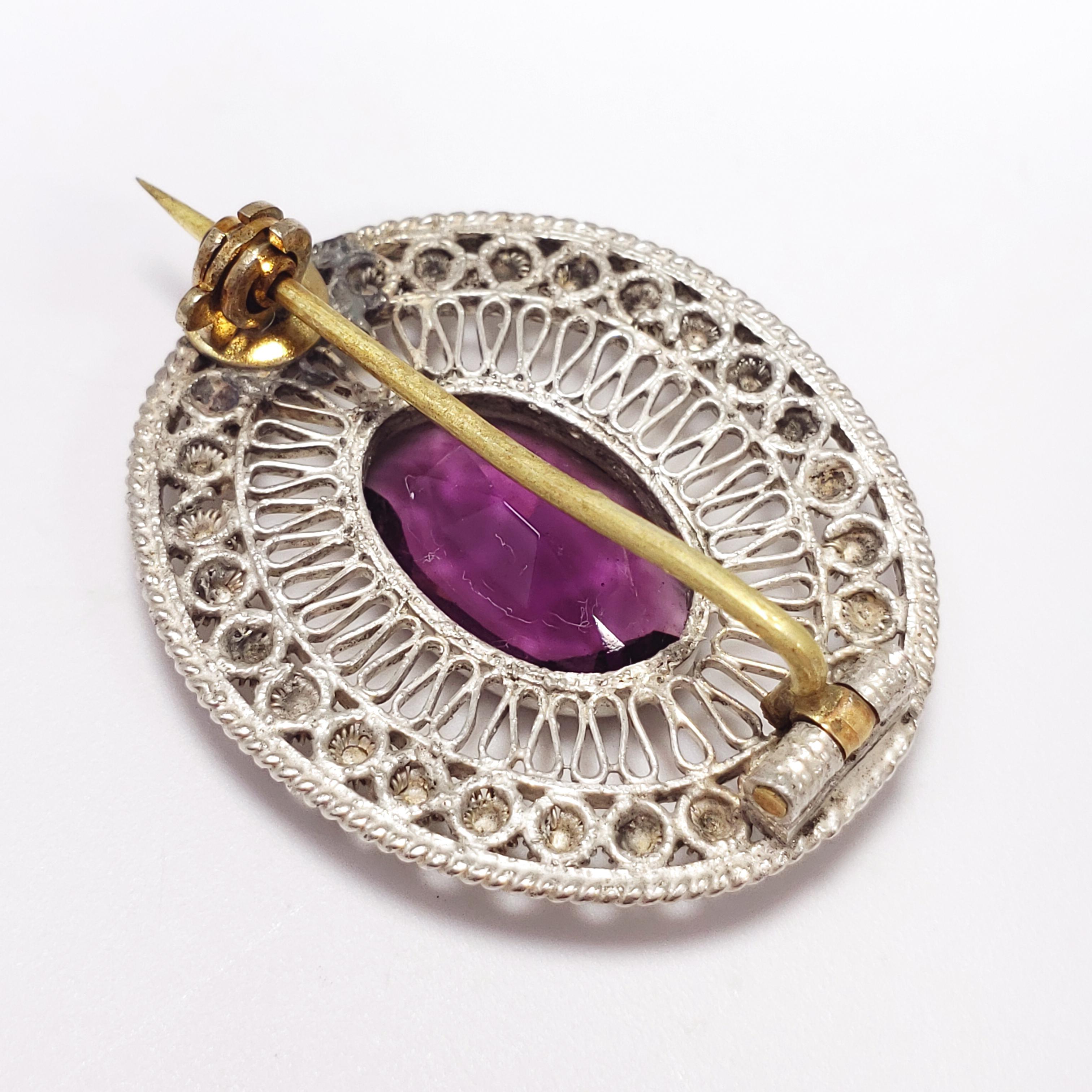 Oval Cut Victorian Amethyst Brooch Pin Sterling Silver Filigree Setting For Sale