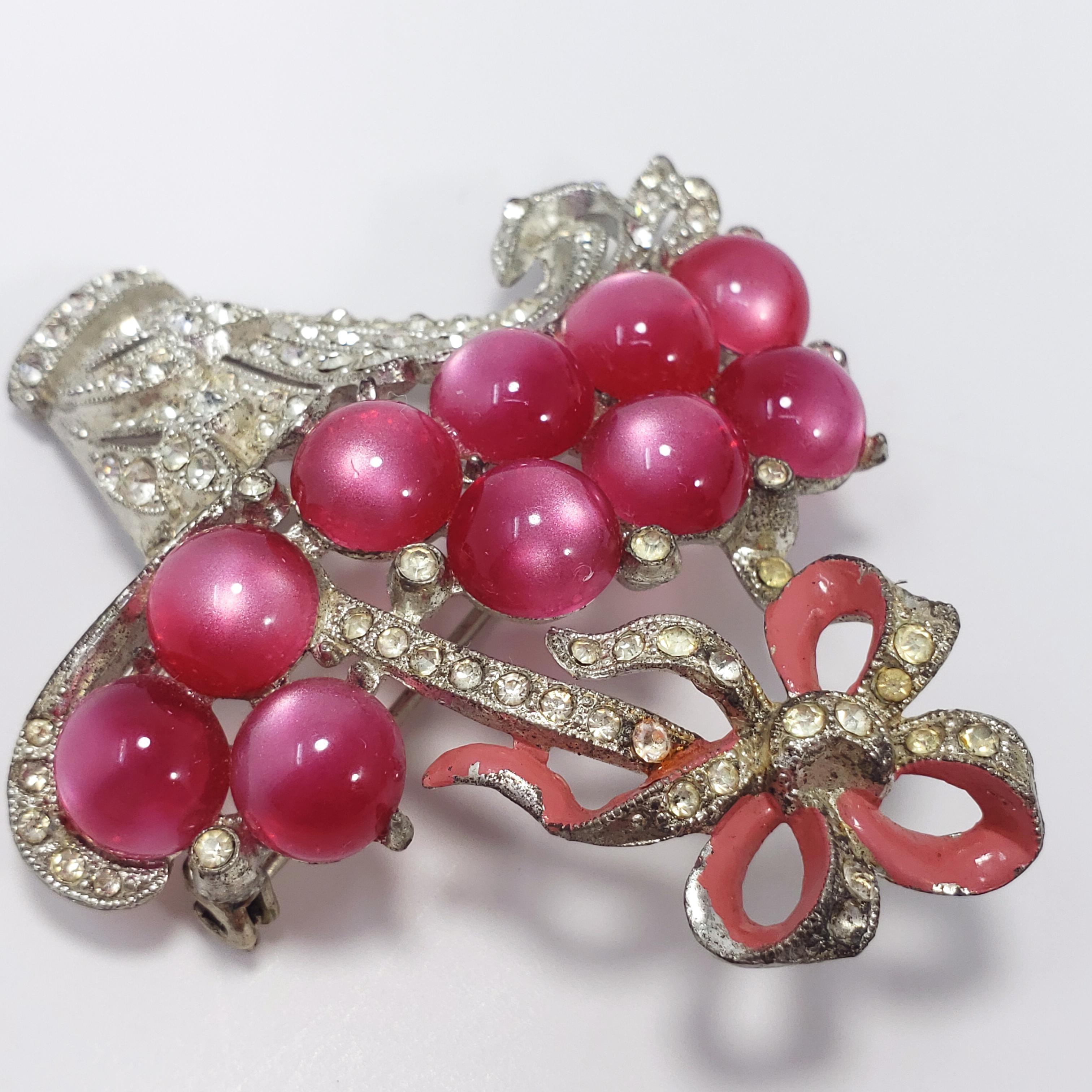 Collector's Berry Basket Pin Brooch With Open Back Raspberry Moonglow Cabochons In Good Condition In Milford, DE