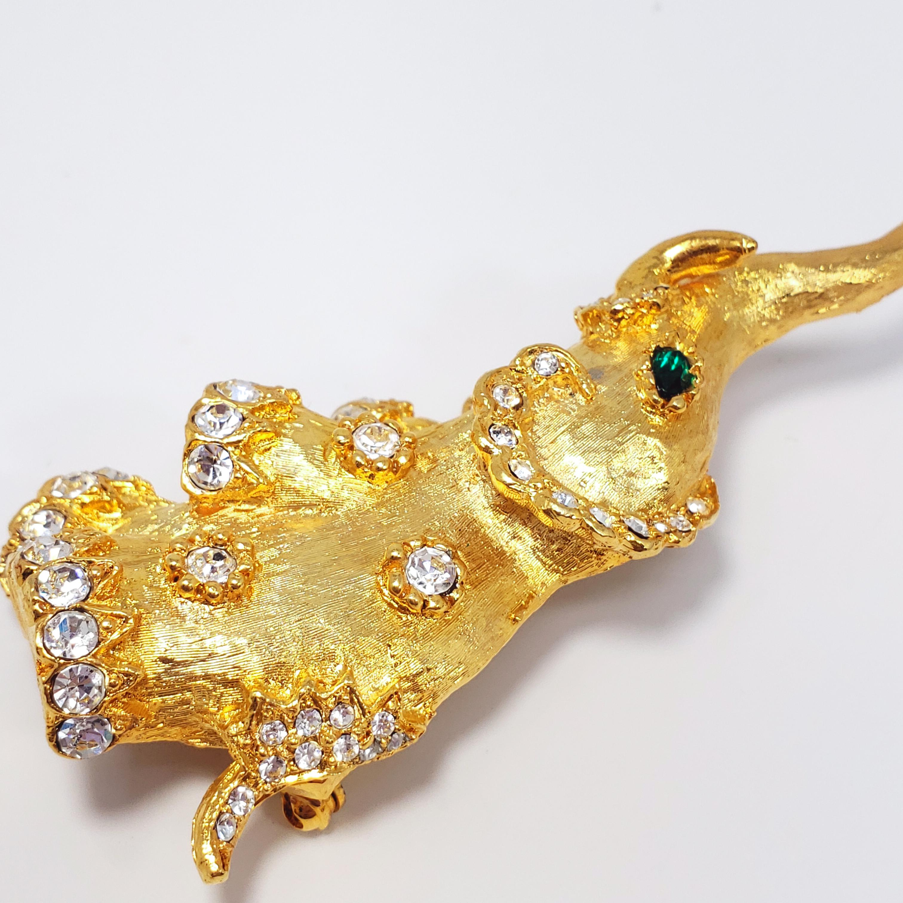 Women's KJL Kenneth Jay Lane Clear & Green Crystal Elephant Pin in Textured Gold For Sale