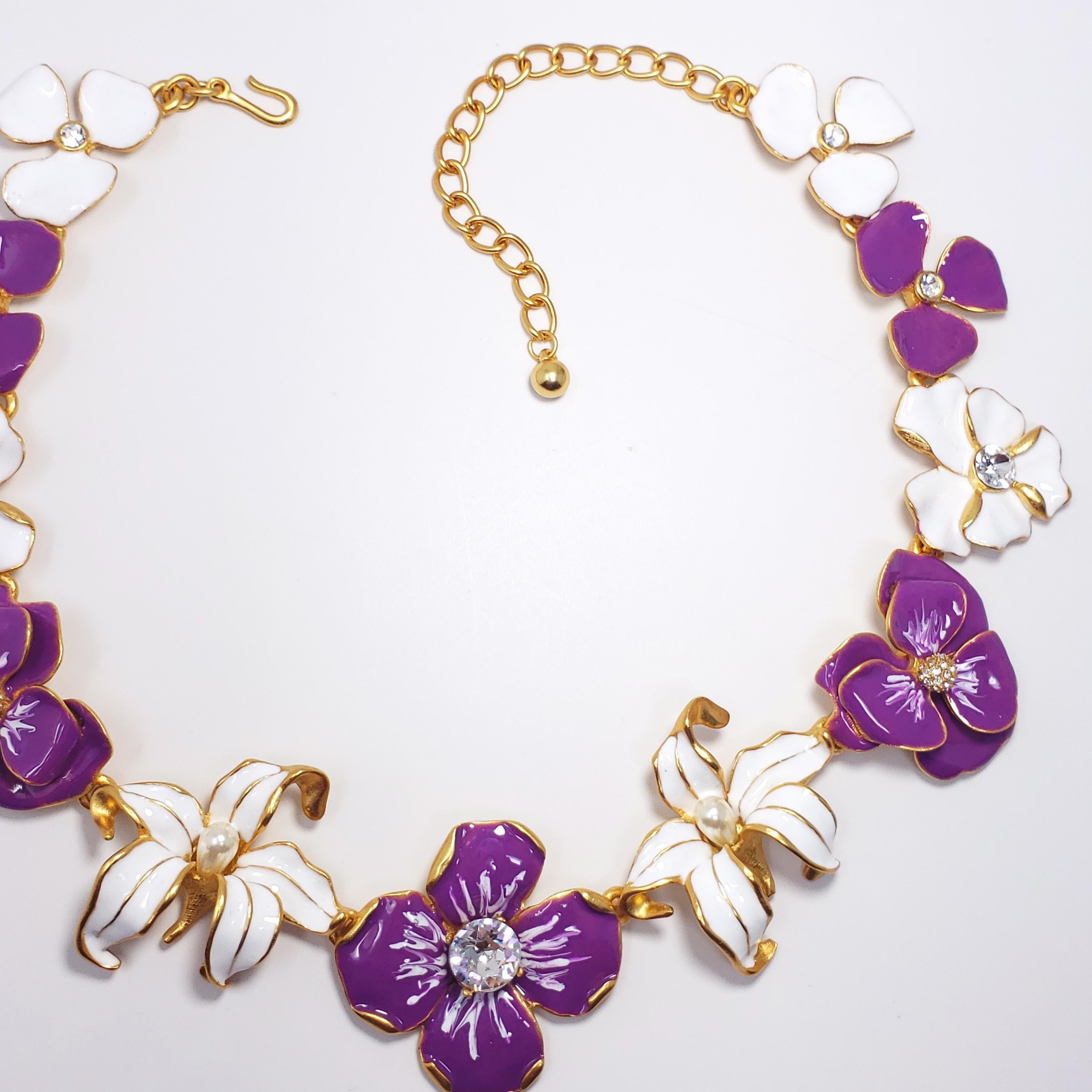 KJL Kenneth Jay Lane Flower Necklace Purple White Enamel Faux Pearl & Crystals In New Condition In Milford, DE