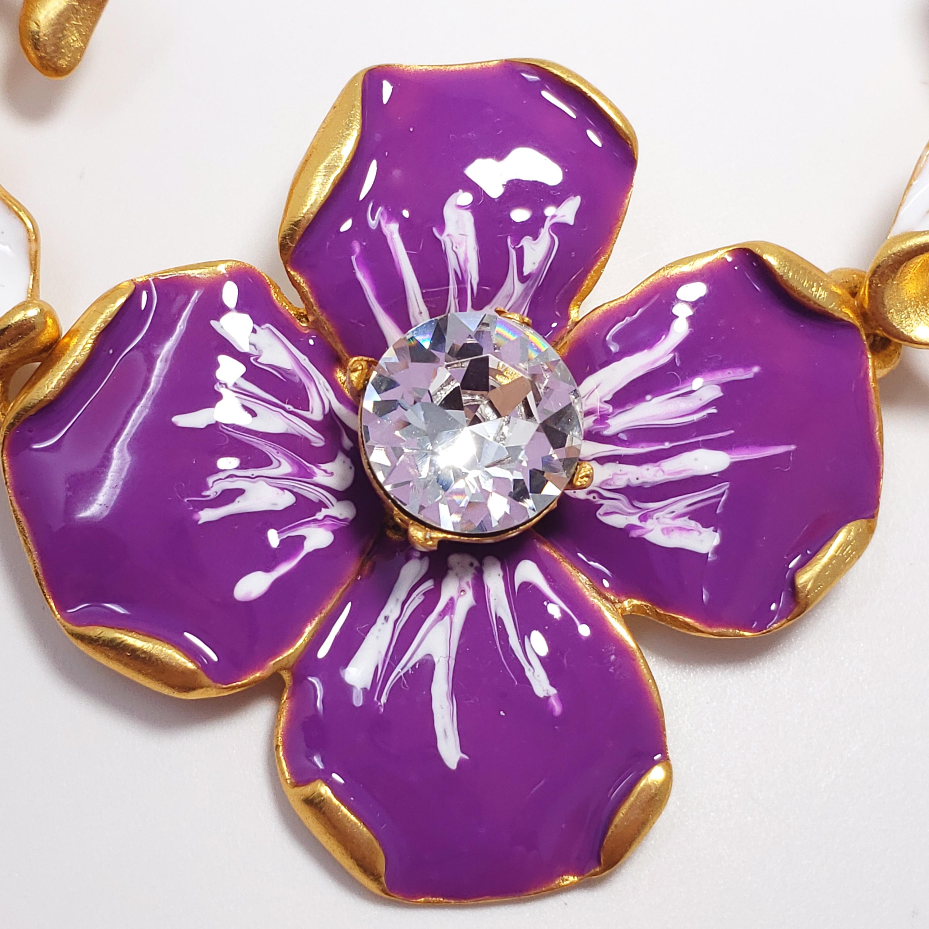 Women's KJL Kenneth Jay Lane Flower Necklace Purple White Enamel Faux Pearl & Crystals
