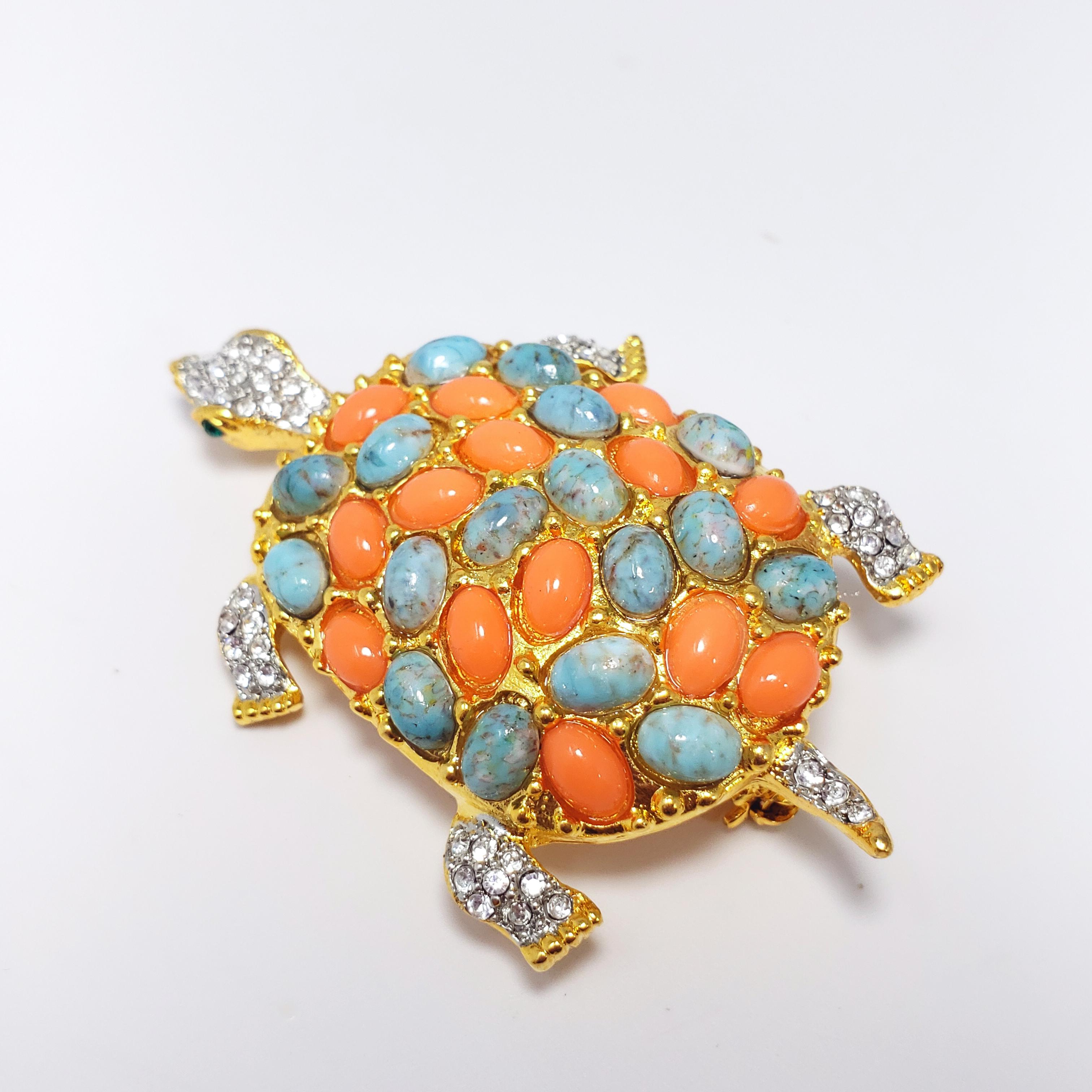 KJL Kenneth Jay Lane Pave Cabochon & Crystal Turtle Brooch Pin in Gold In New Condition In Milford, DE