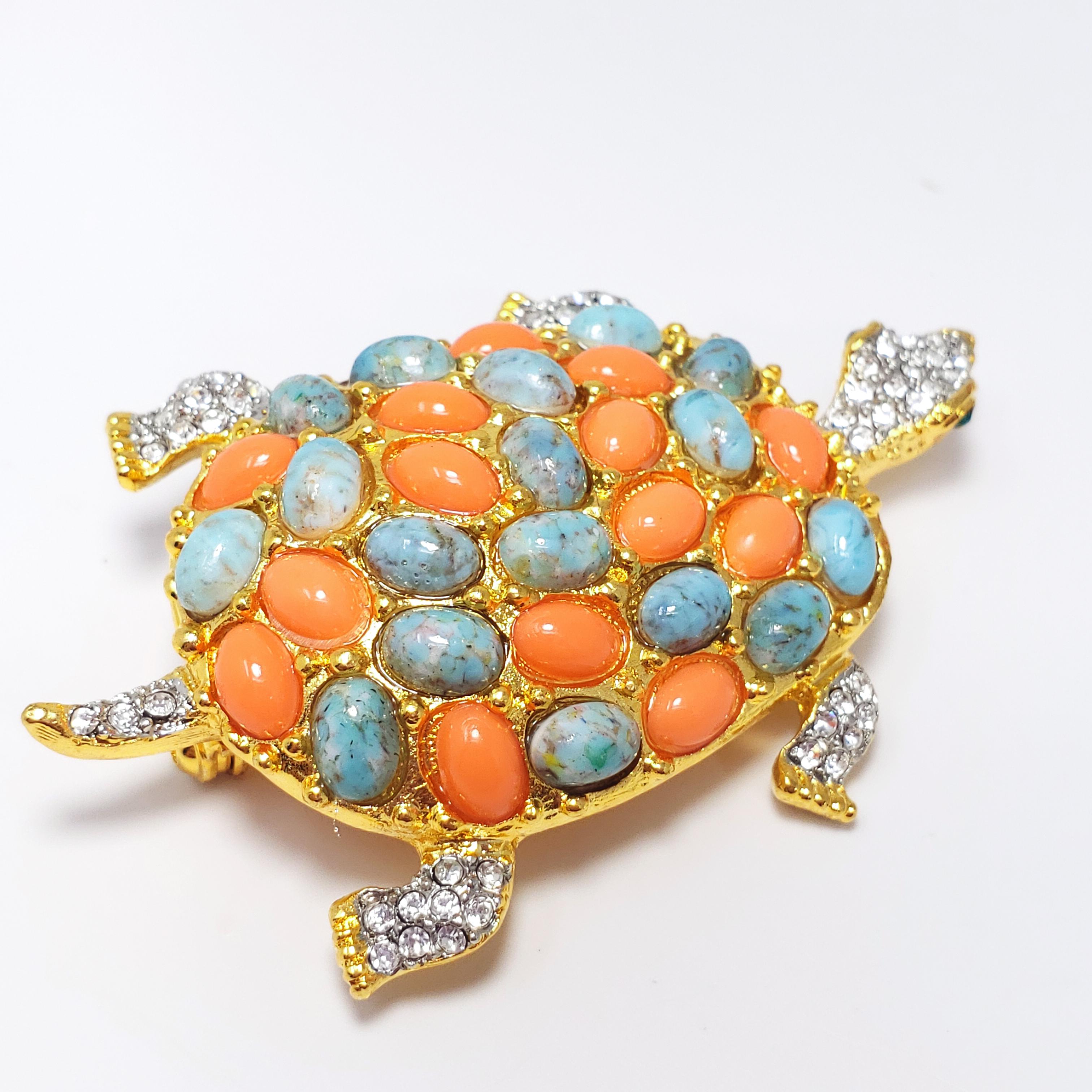 Women's or Men's KJL Kenneth Jay Lane Pave Cabochon & Crystal Turtle Brooch Pin in Gold