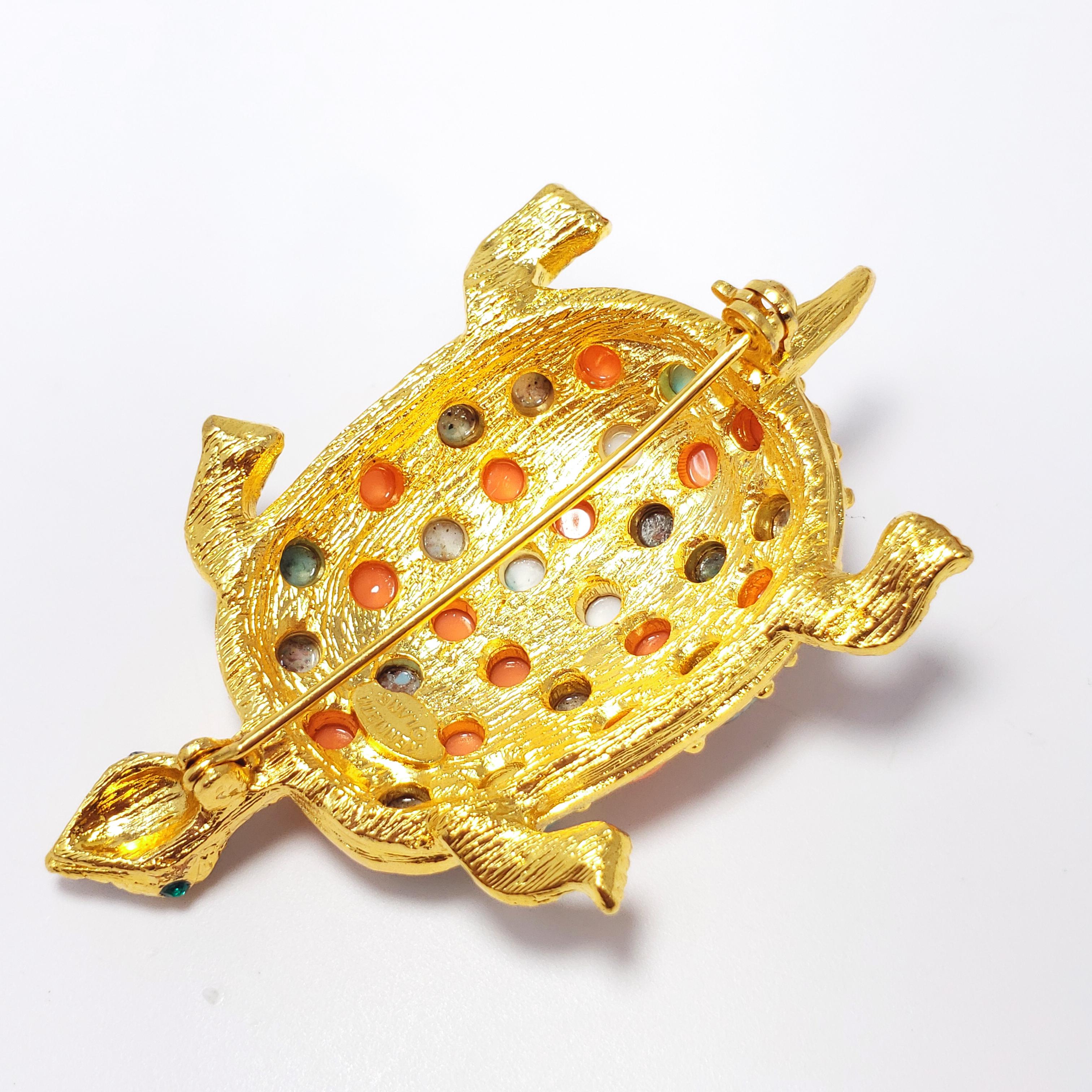 KJL Kenneth Jay Lane Pave Cabochon & Crystal Turtle Brooch Pin in Gold 2