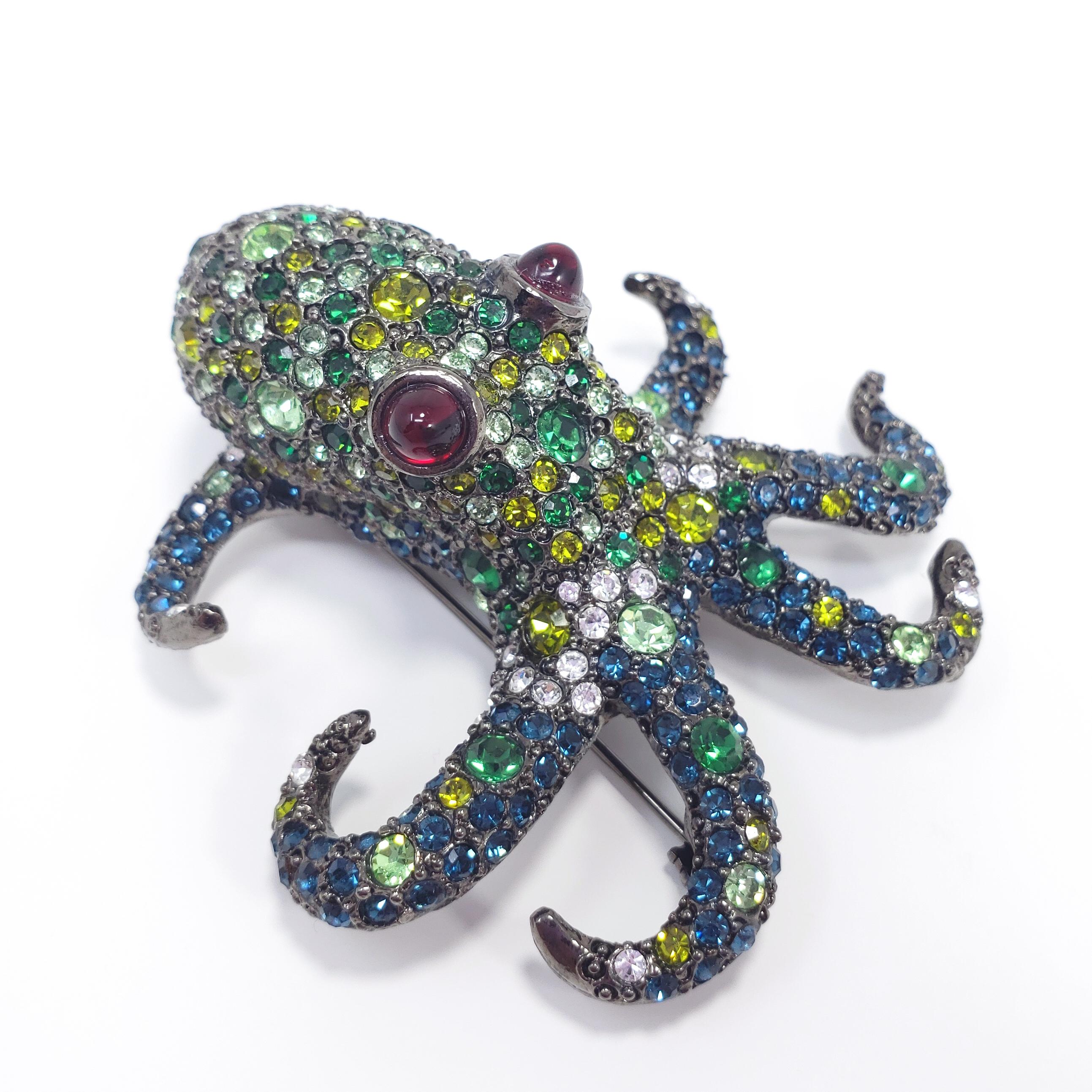 KJL Kenneth Jay Lane Pave Green and White Crystal Octopus Brooch In New Condition In Milford, DE