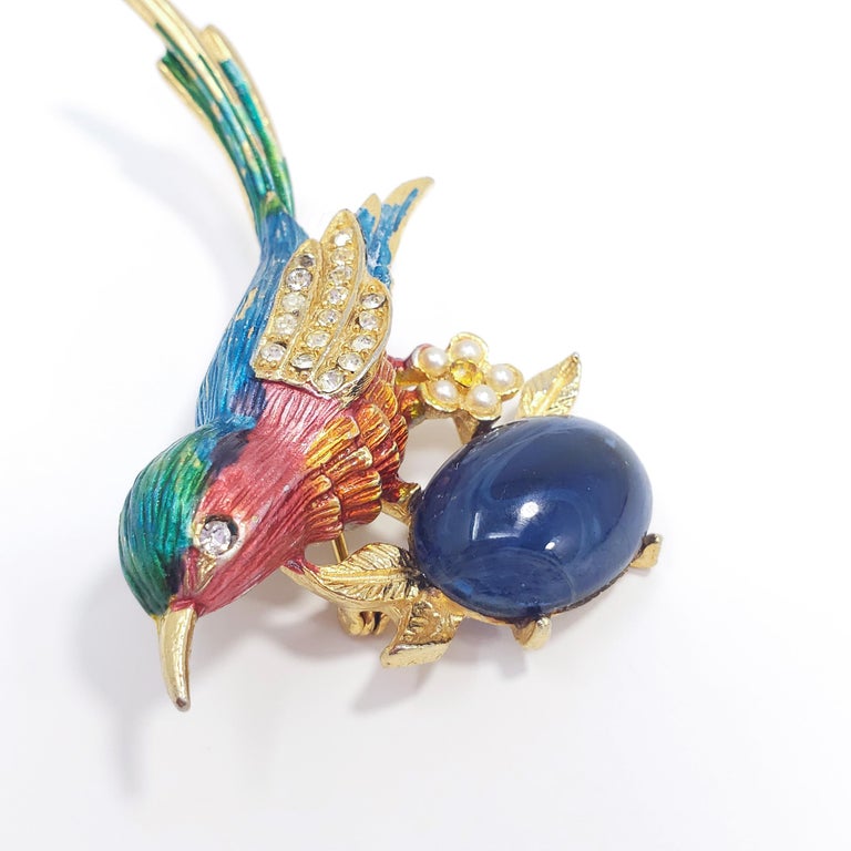 Colorful Enamel, Crystal, and Faux Pearl Bird With Blue Cabochon Egg at ...
