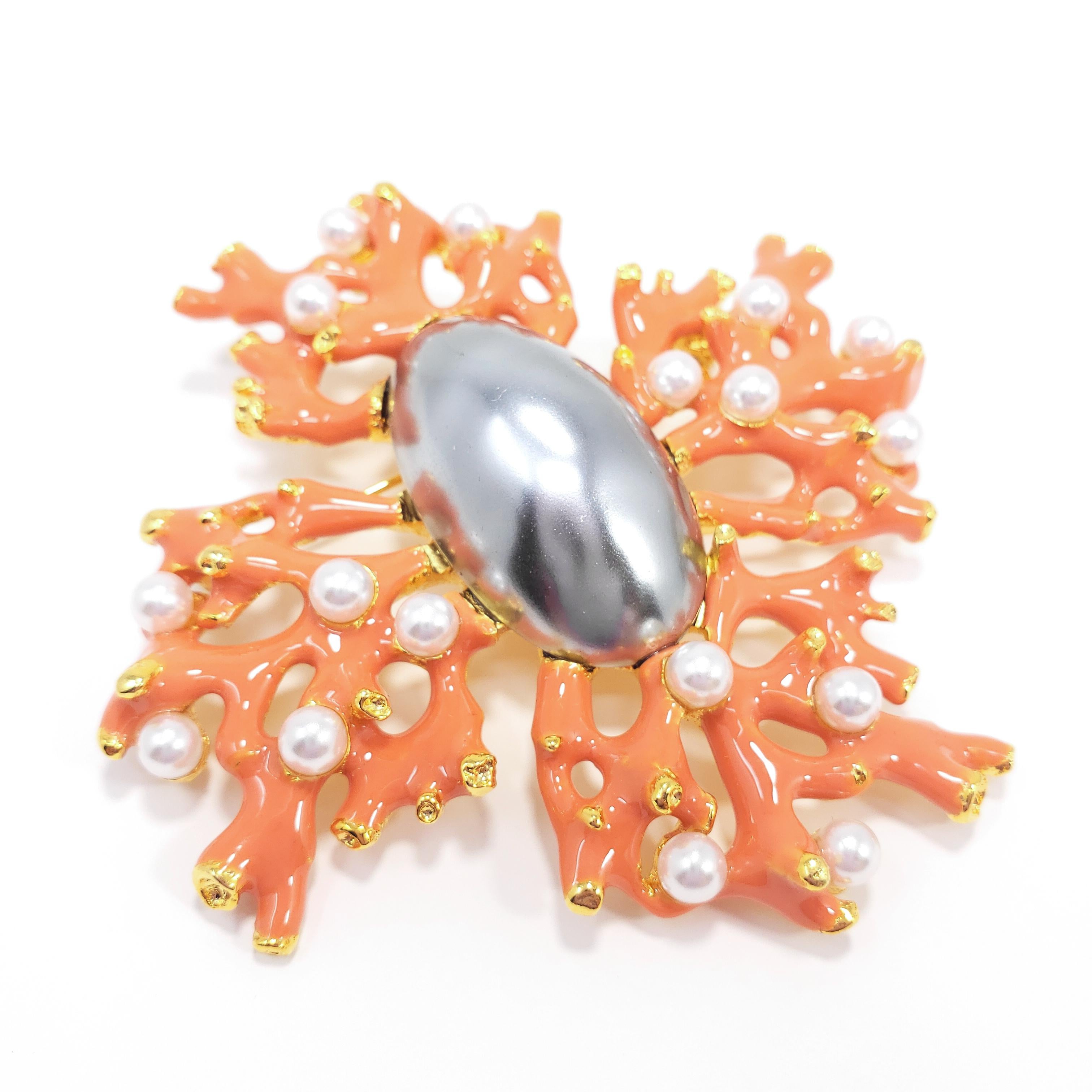 KJL Kenneth Jay Lane Faux Pearl and Coral Branch Pin, Brooch, Pendant in Gold In New Condition In Milford, DE