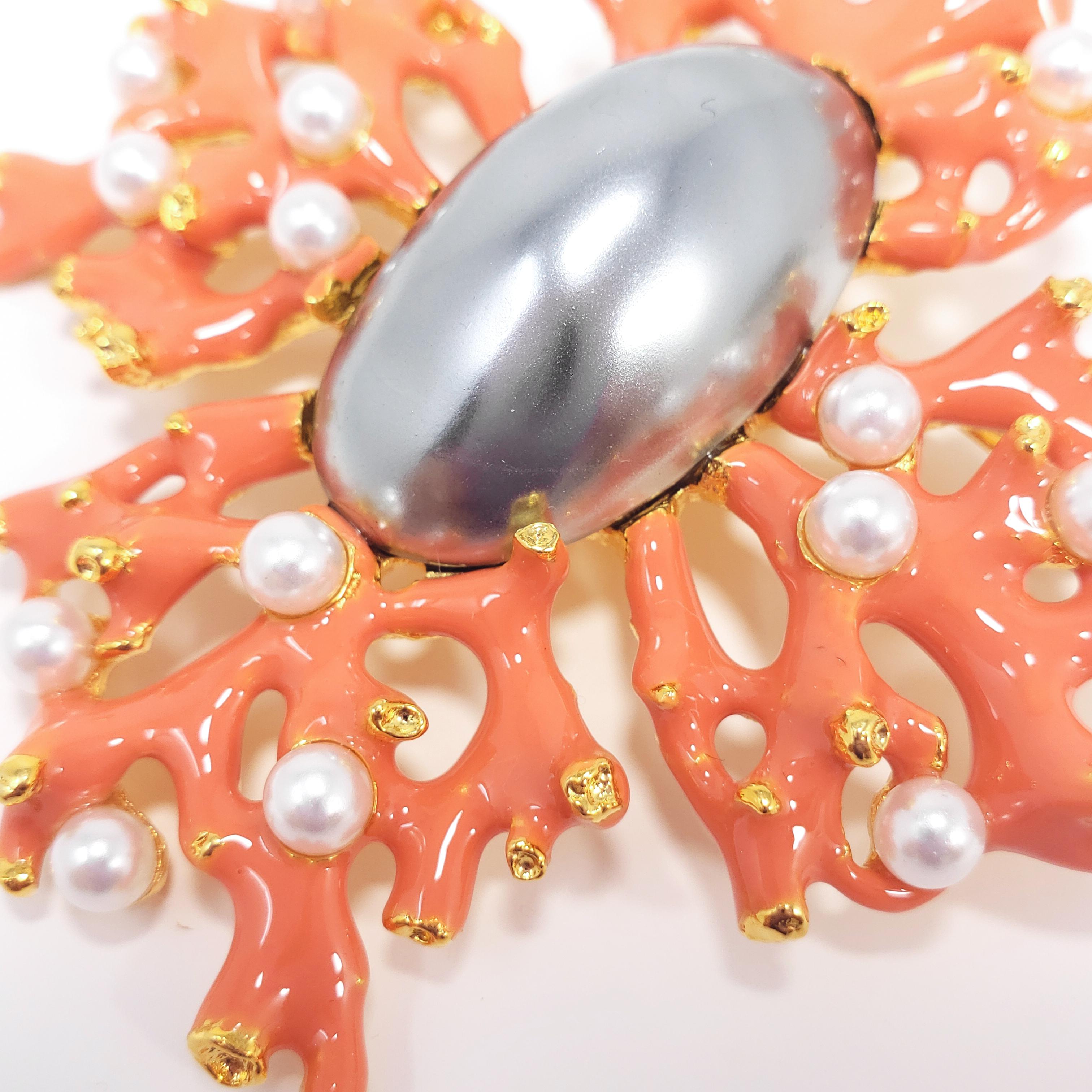 KJL Kenneth Jay Lane Faux Pearl and Coral Branch Pin, Brooch, Pendant in Gold 1