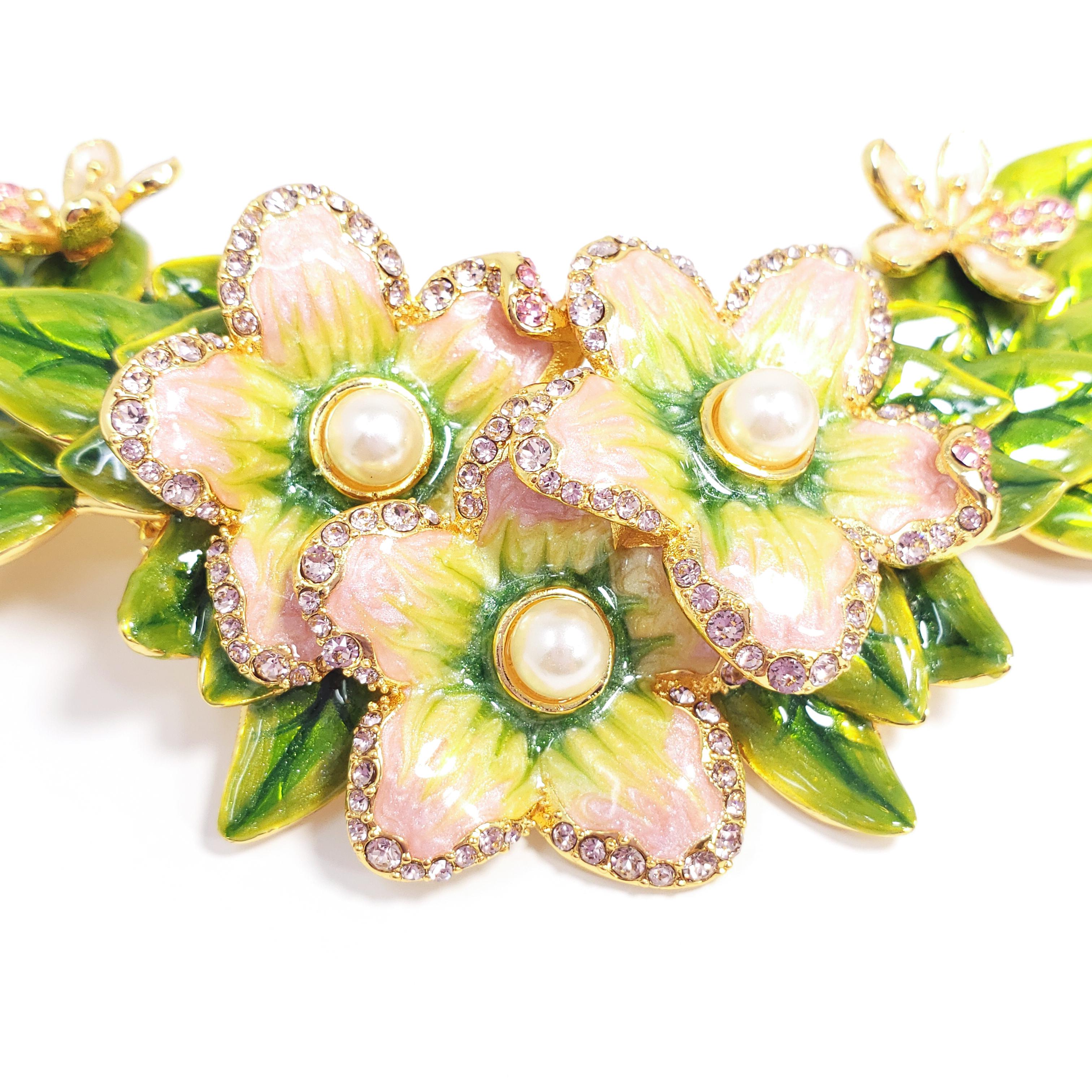 Jay Strongwater “Spring Blossom”  Enamel, Crystal and Simulated Pearl Necklace In New Condition In Milford, DE