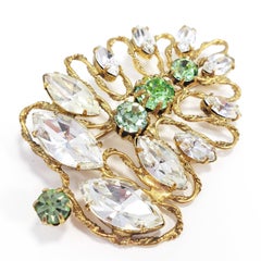 Freirich Abstract Floral Prong Set Clear and Green Crystal Pin, Brooch in Gold