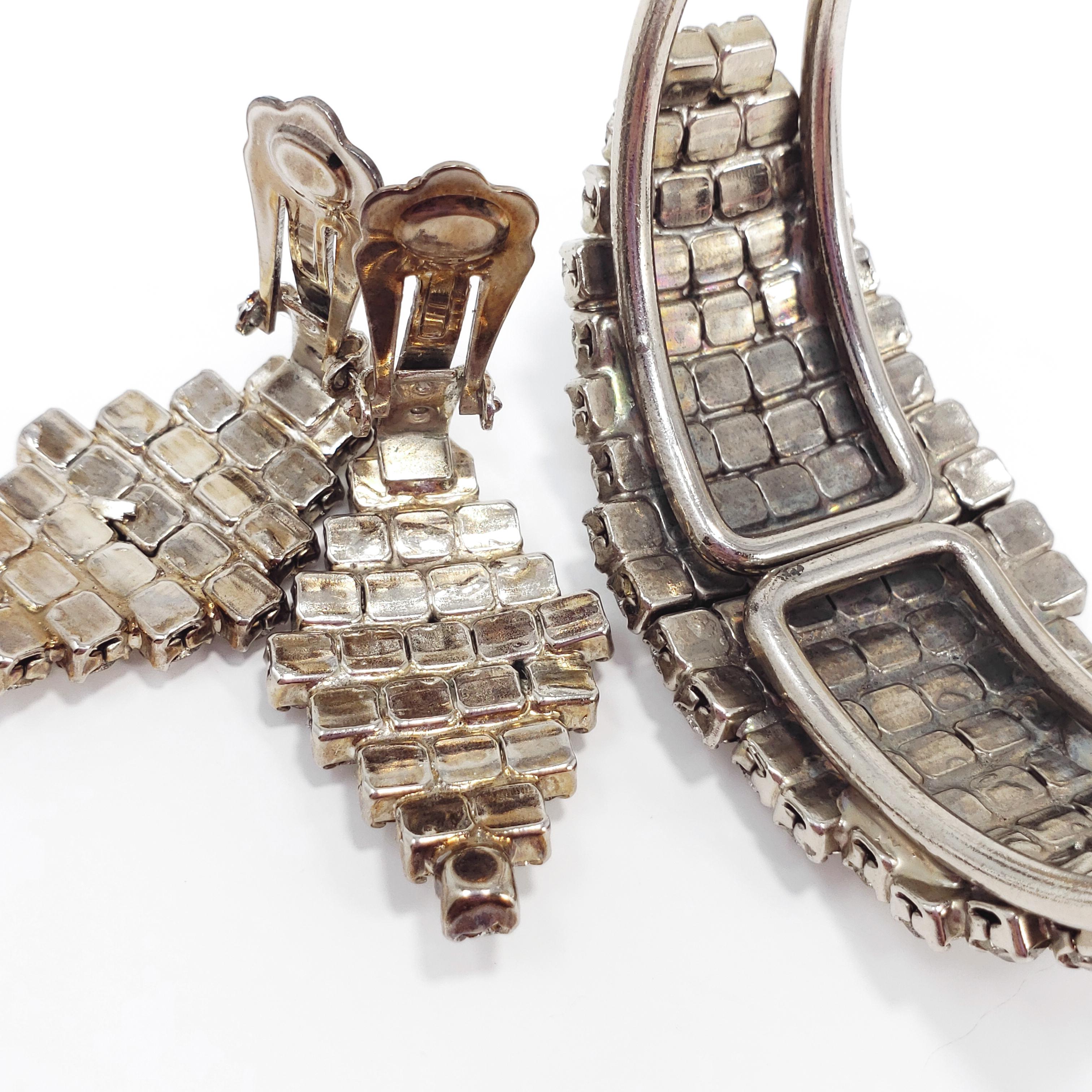 Art Deco Demi Parure Pave Clear Crystal Geometric Clip On Earrings and Bracelet en vente 1