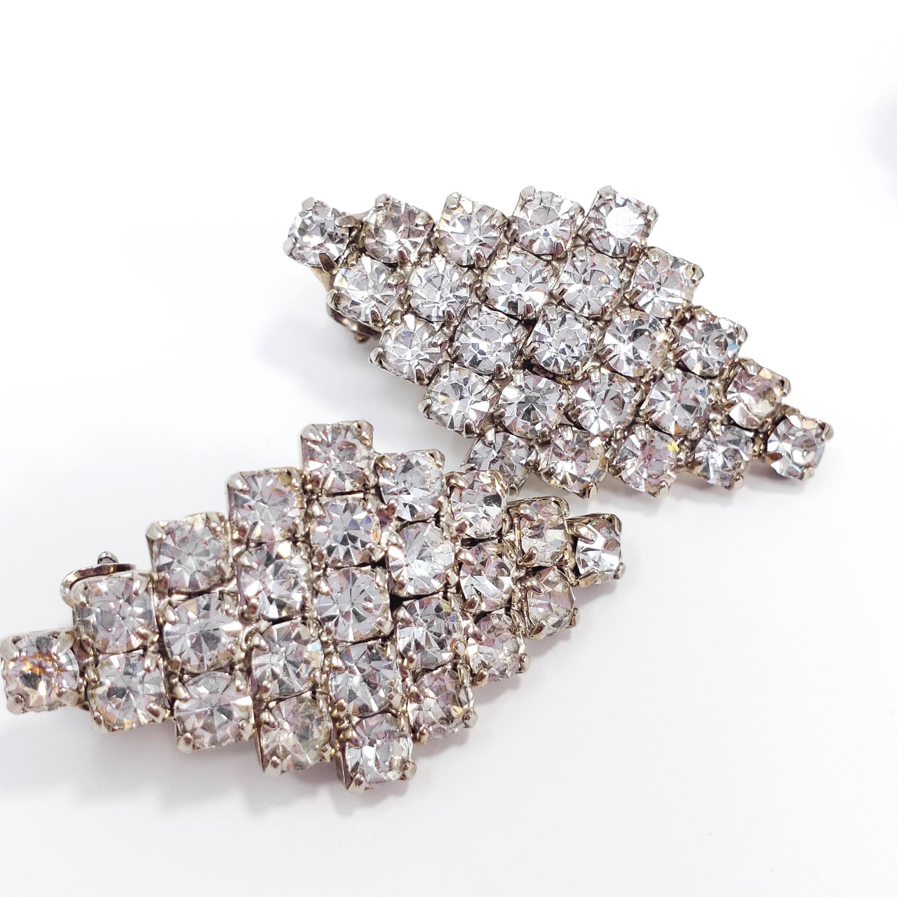 Art Deco Demi Parure Pave Clear Crystal Geometric Clip On Earrings and Bracelet en vente 3