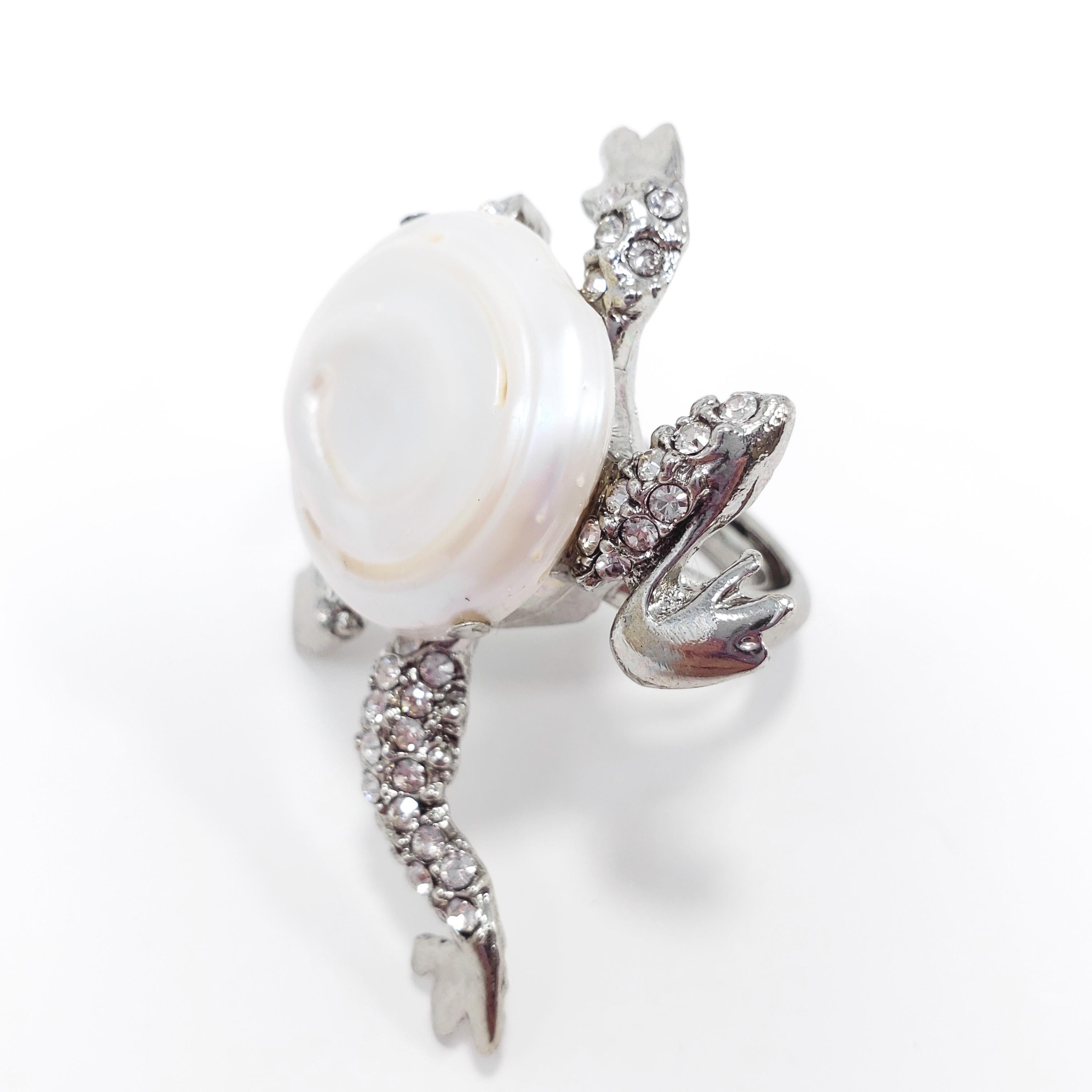 Oscar de la Renta Mother of Pearl, Pave Crystal, Rhodium Plated Frog Ring 1