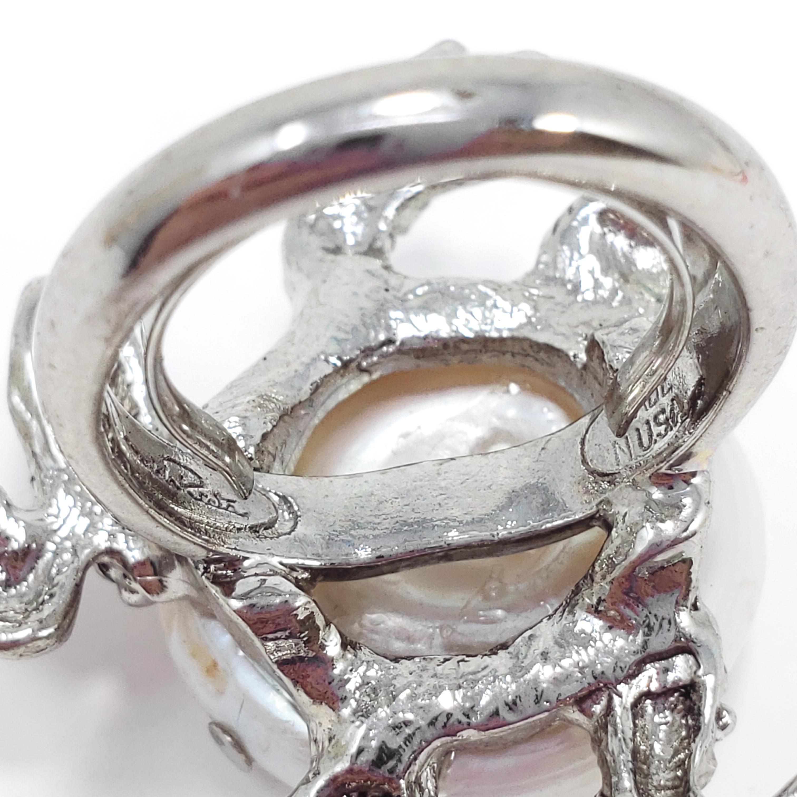 Oscar de la Renta Mother of Pearl, Pave Crystal, Rhodium Plated Frog Ring 4