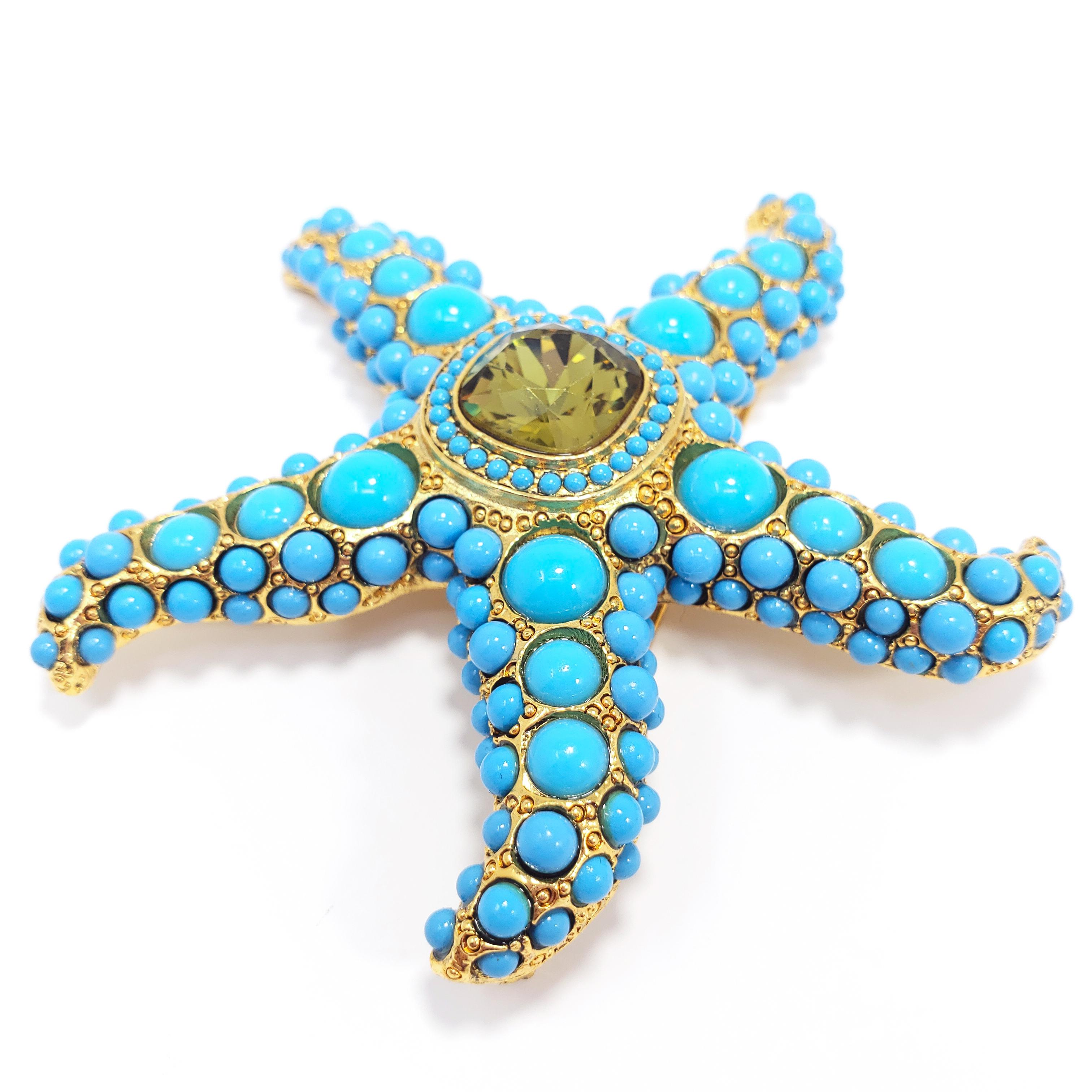 KJL Kenneth Jay Lane Turquoise Cabochon & Olive Crystal Starfish Pin, Brooch In New Condition In Milford, DE