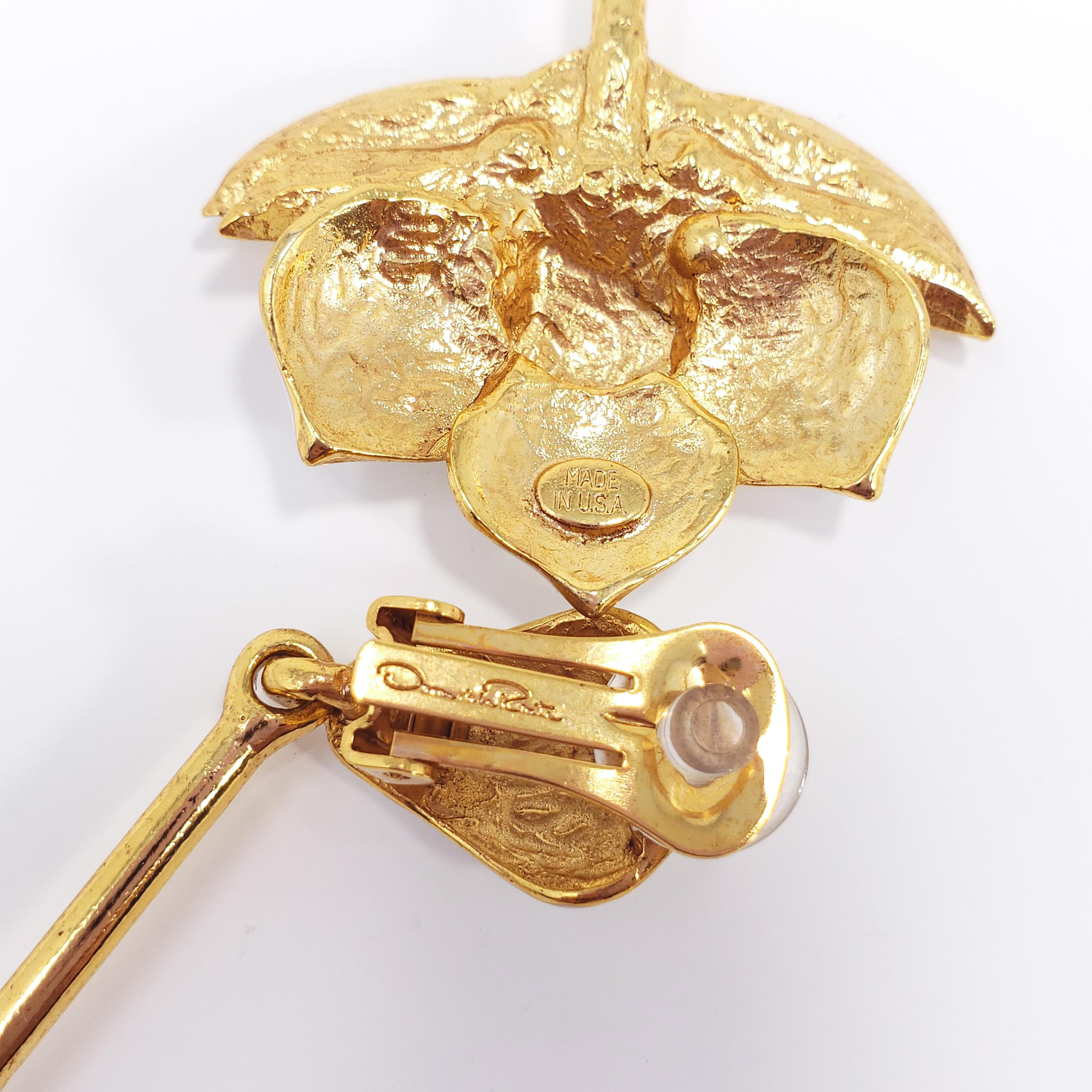 Oscar de la Renta Long Dangling White Enamel Golden Flower Fashion Drop Earrings 2