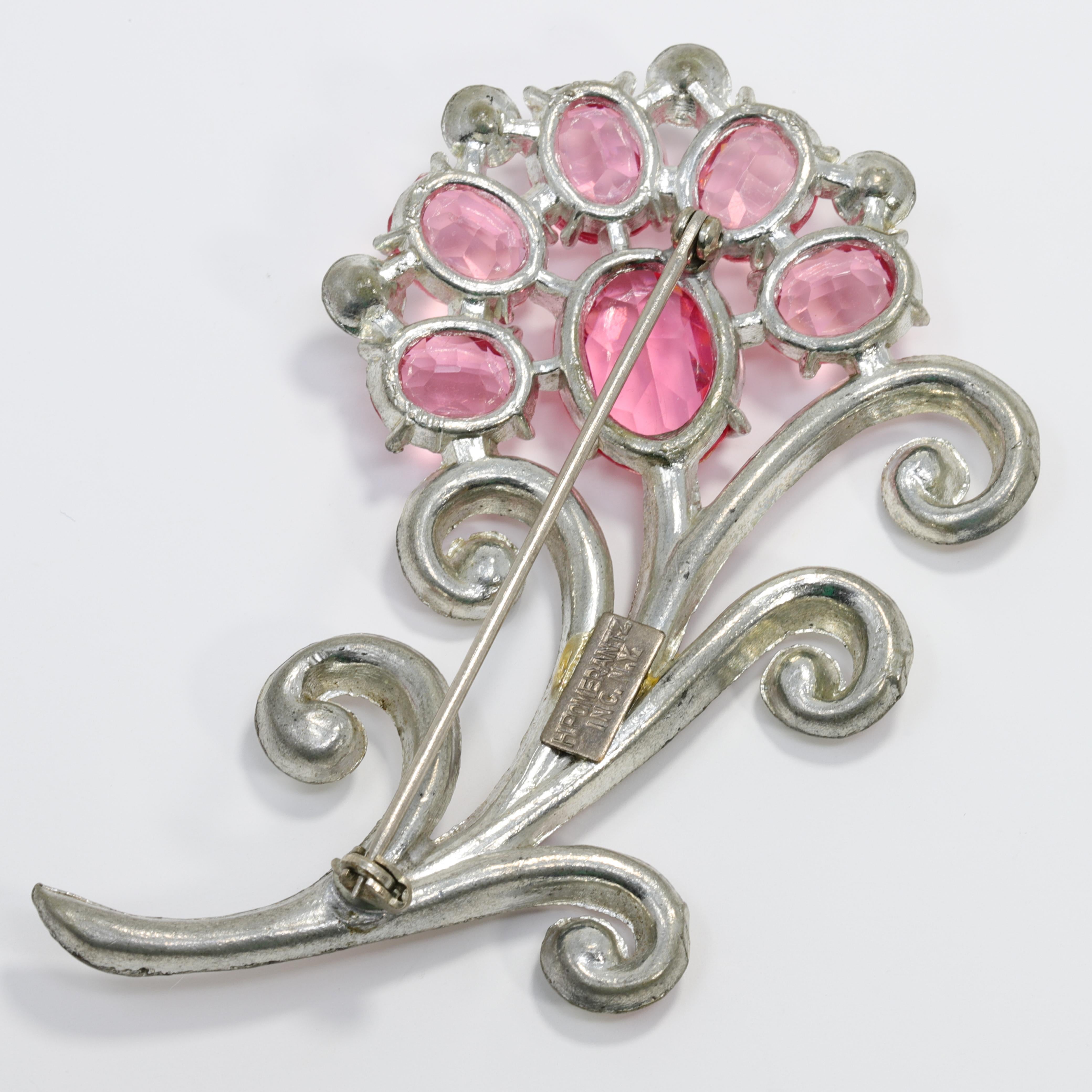 Retro H. Pomerantz Rose and Clear Crystal Silver Flower Pin Brooch, 1930s