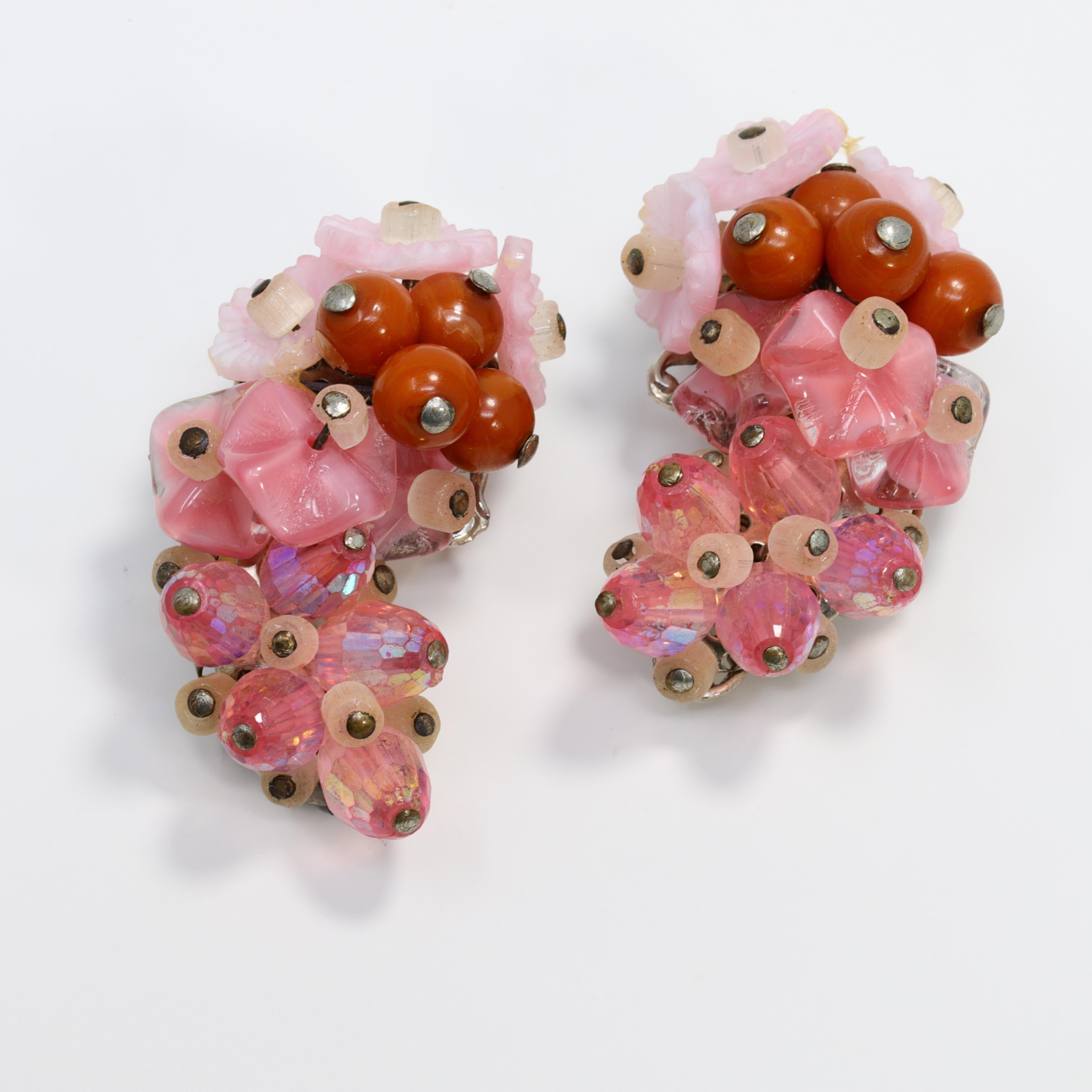 Hobe Rose Crystal Cluster and Coral Bead Clip On Earrings and Infinity Bracelet 1