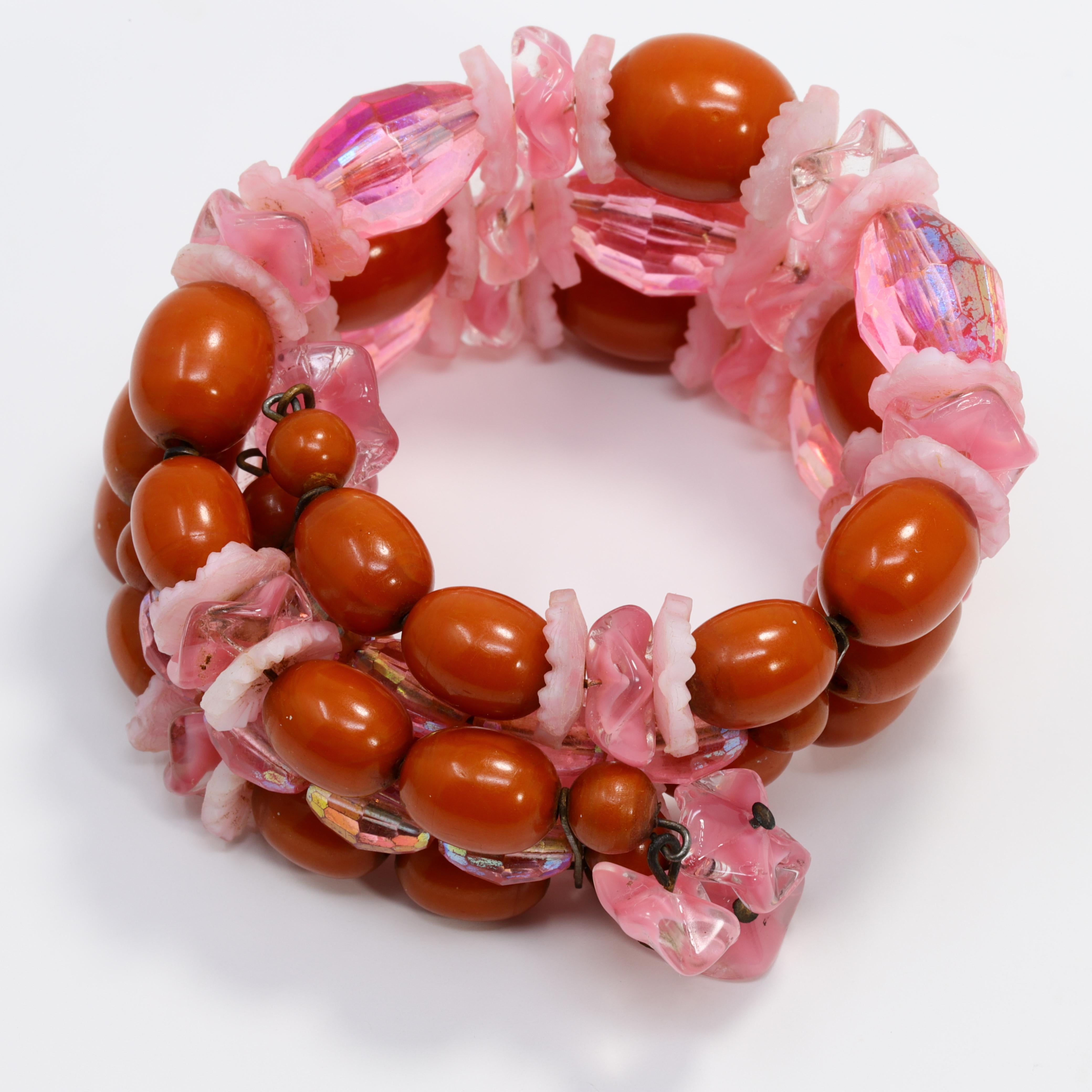Women's or Men's Hobe Rose Crystal Cluster and Coral Bead Clip On Earrings and Infinity Bracelet