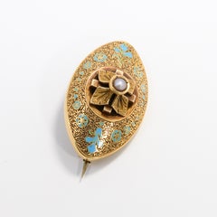 Genuine Pearl Intricate Taille D'Epargne Enamel Floral Pin Brooch Pendant