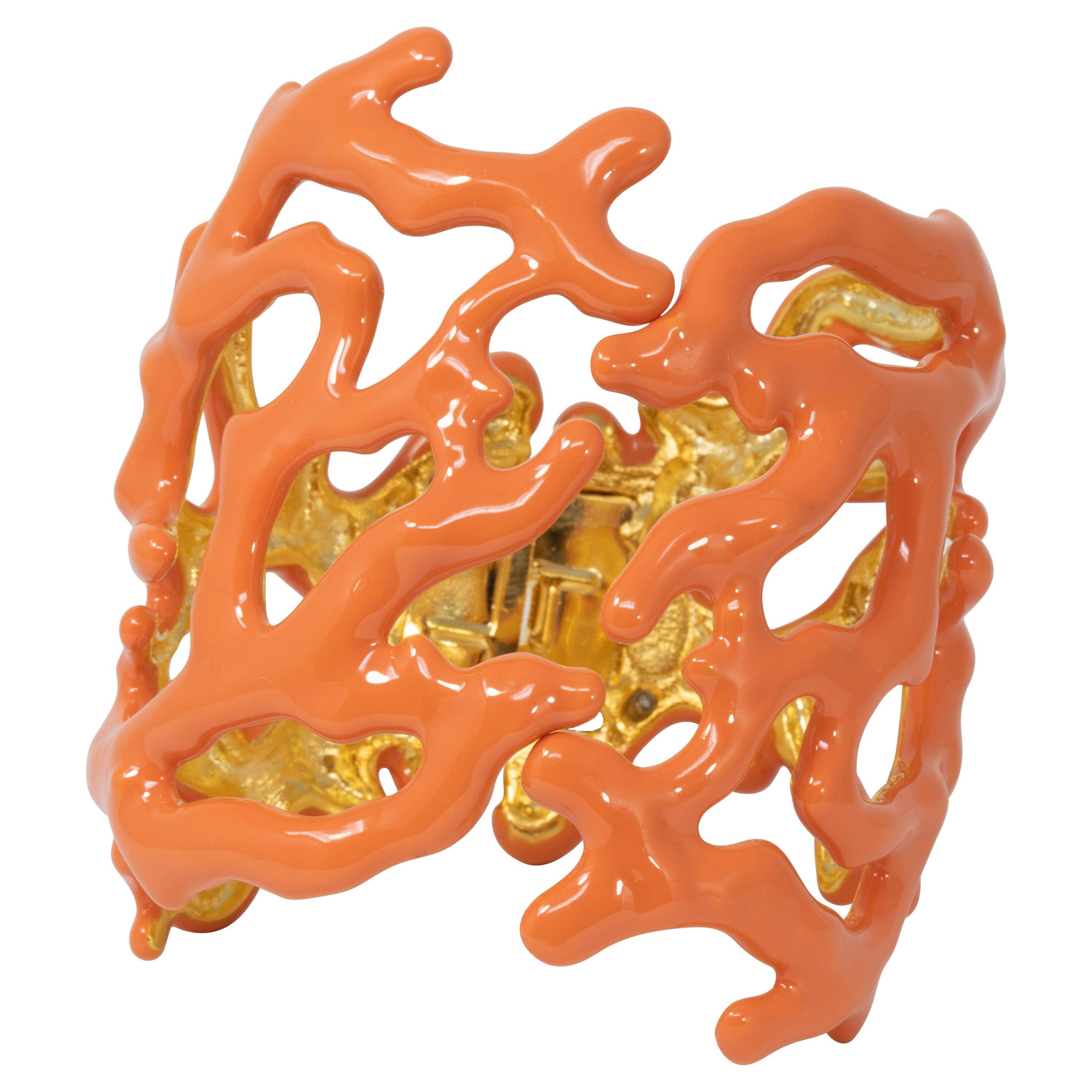 KJL Kenneth Jay Lane Gold Coral Branch Enamel Soft Orange Cuff Bracelet For Sale