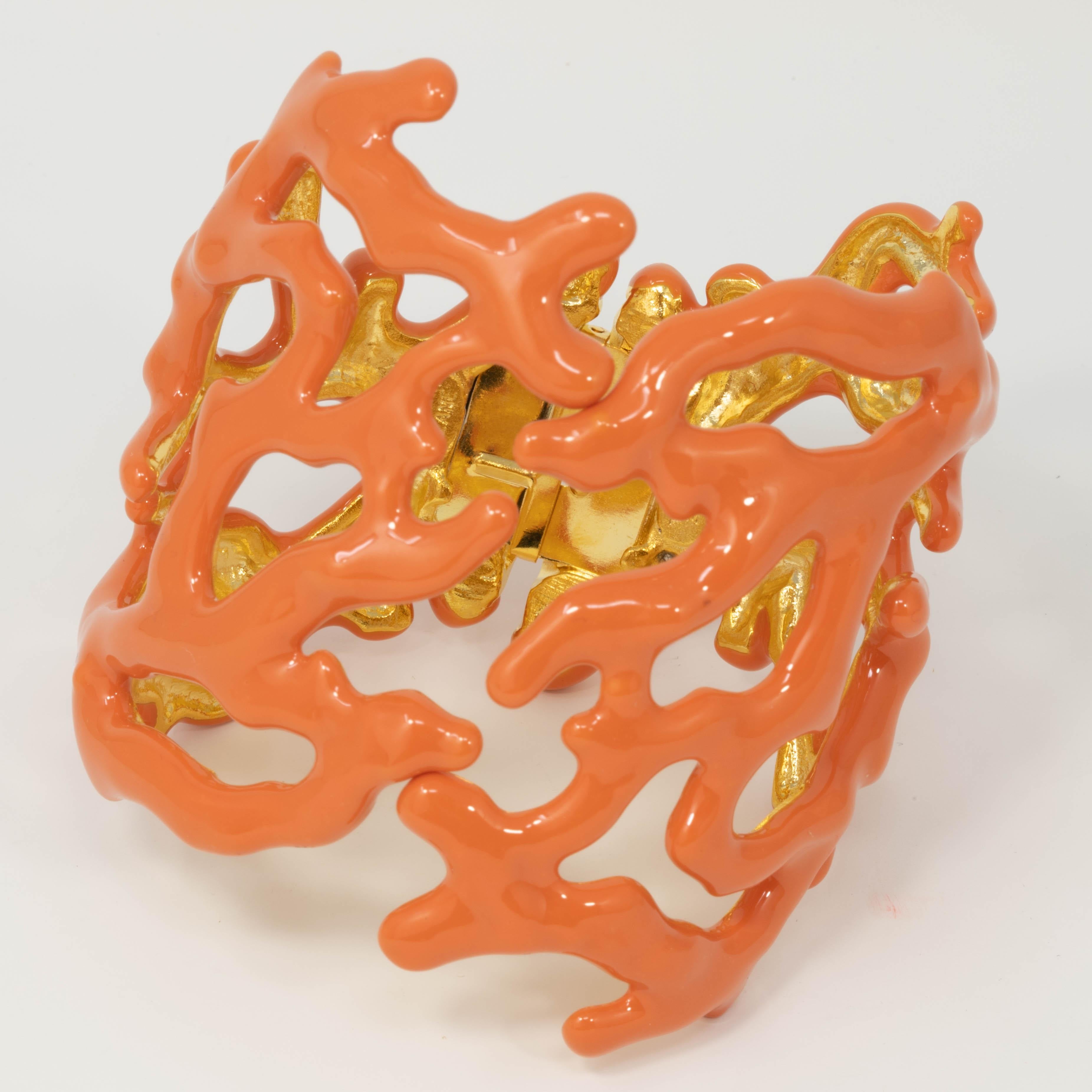 Modern KJL Kenneth Jay Lane Gold Coral Branch Enamel Soft Orange Cuff Bracelet For Sale