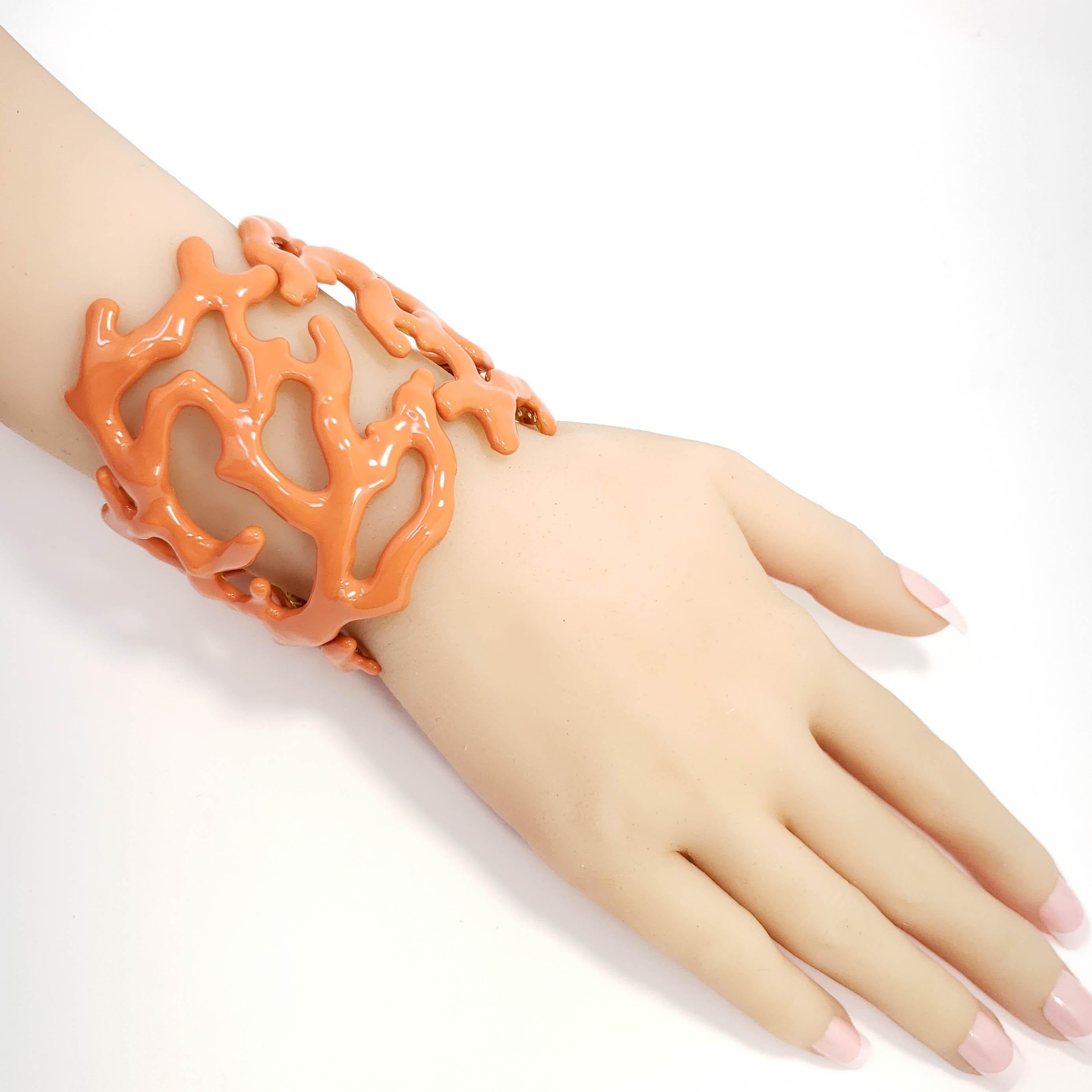 Women's or Men's KJL Kenneth Jay Lane Gold Coral Branch Enamel Soft Orange Cuff Bracelet For Sale