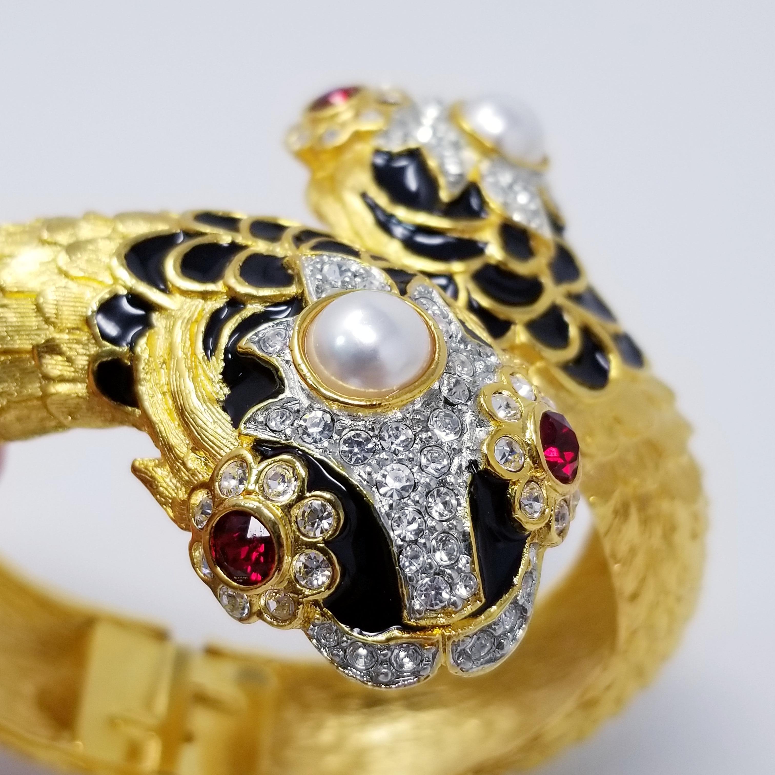 Women's KJL Kenneth Jay Lane Double Sea Serpent Crystal Enamel Faux Pearl Gold Bracelet For Sale