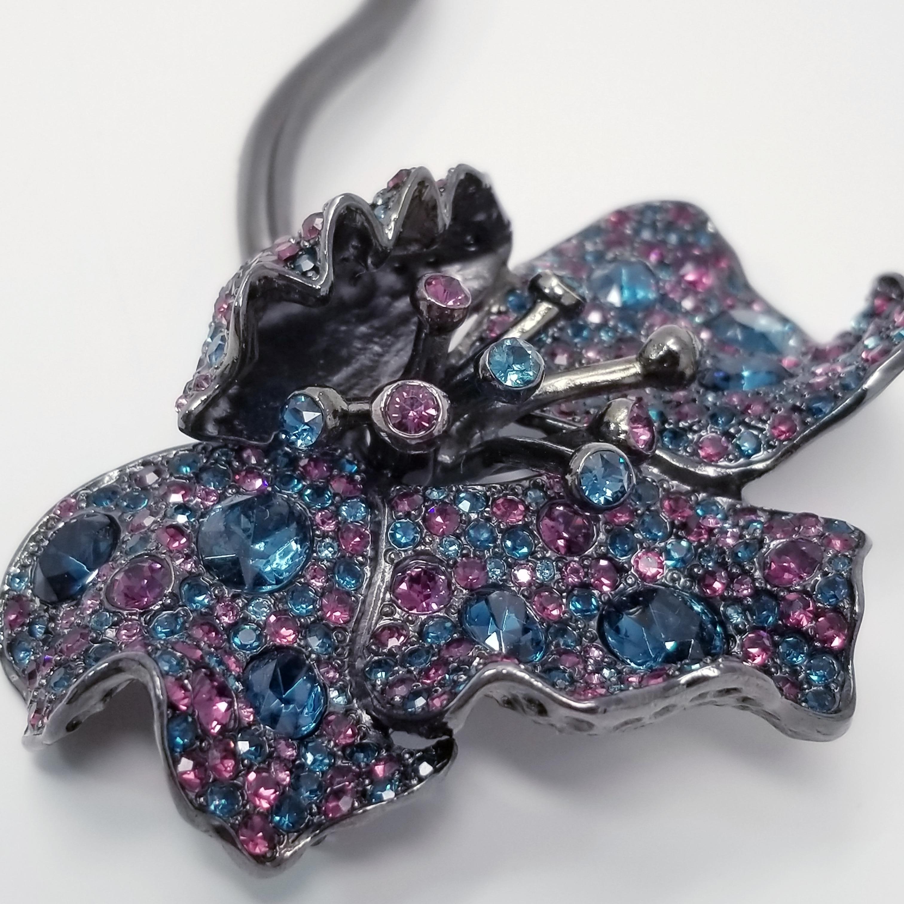 KJL Kenneth Jay Lane Pave Sapphire & Amethyst Crystal Flower Brooch in Black 1