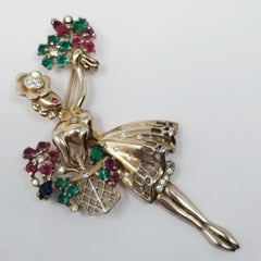 Trifari Crown 1947 Flower Girl Sterling Silver Brooch Pin With Crystals in Gold